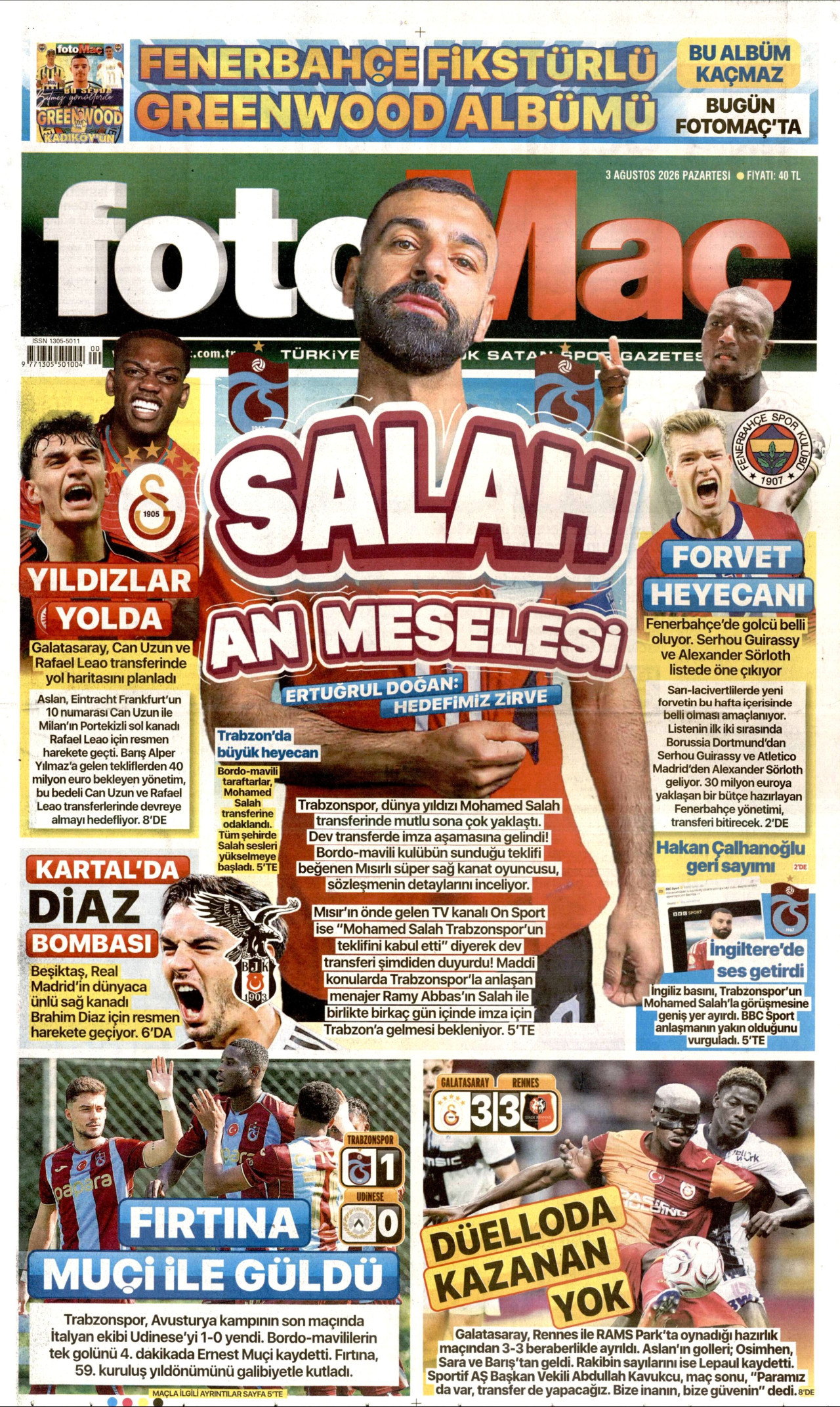 FOTOMAÇ gazetesinin 3 Ağustos 2026 tarihli birinci sayfası