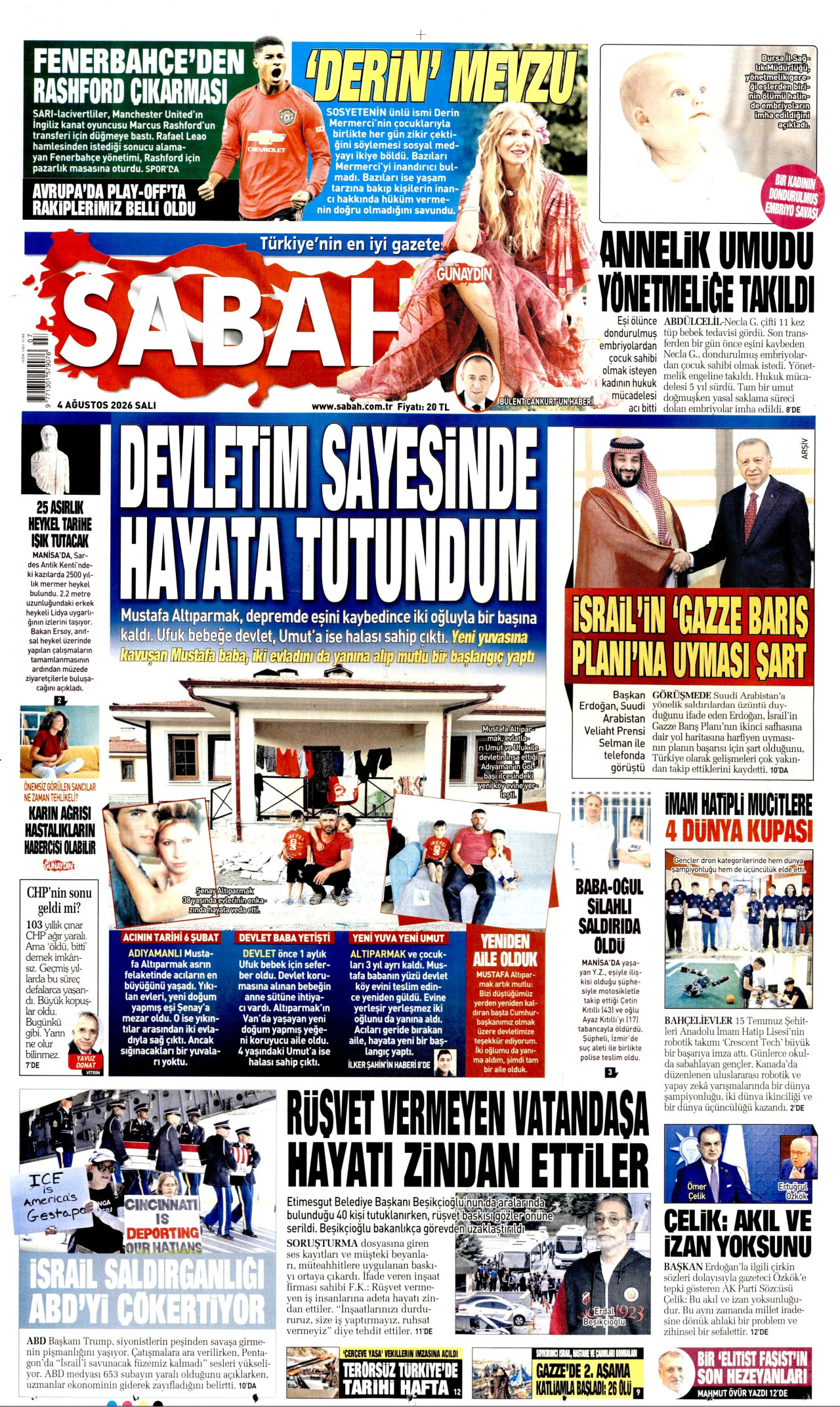 SABAH gazetesinin 4 Ağustos 2026 tarihli birinci sayfası