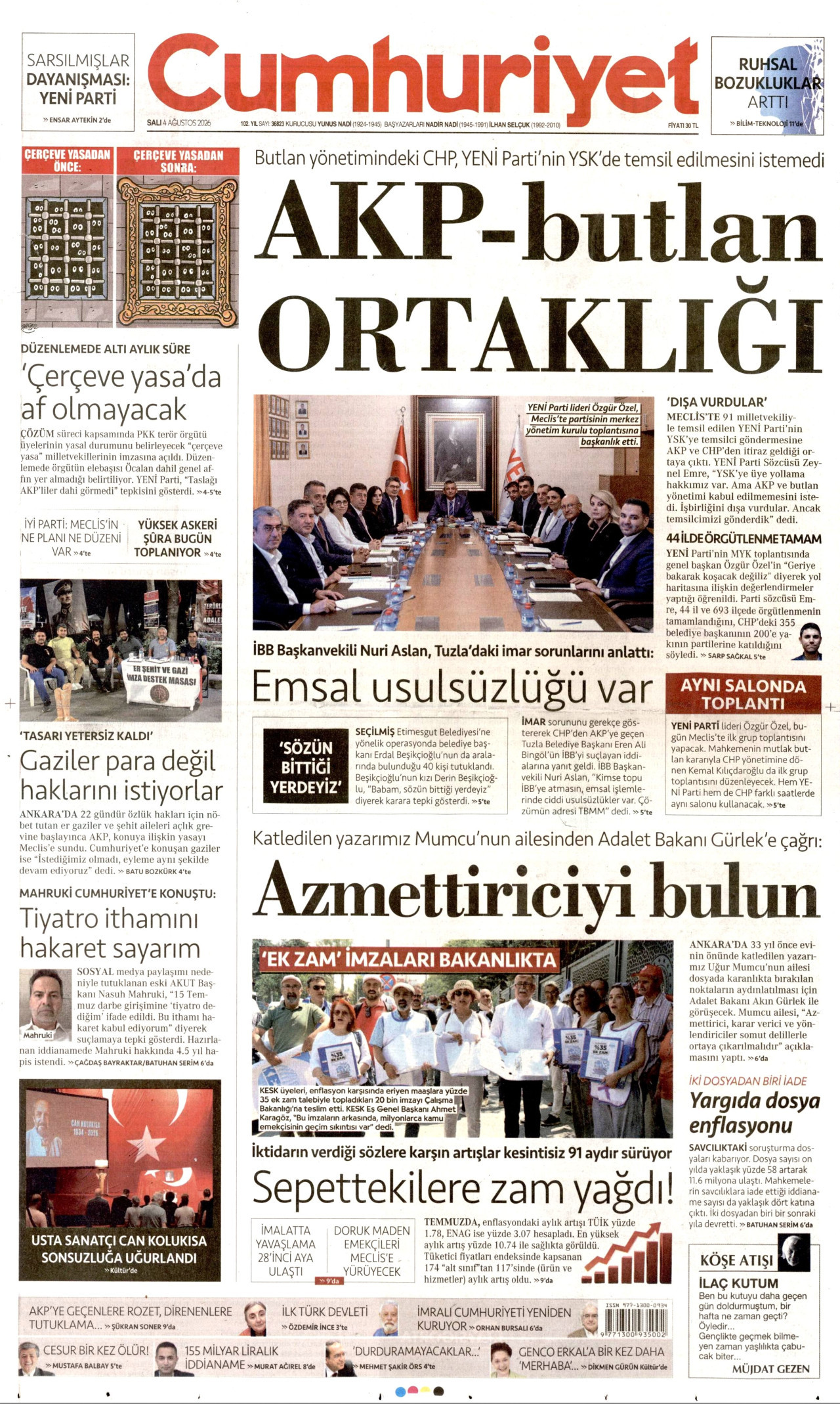 CUMHURİYET gazetesinin 4 Ağustos 2026 tarihli birinci sayfası