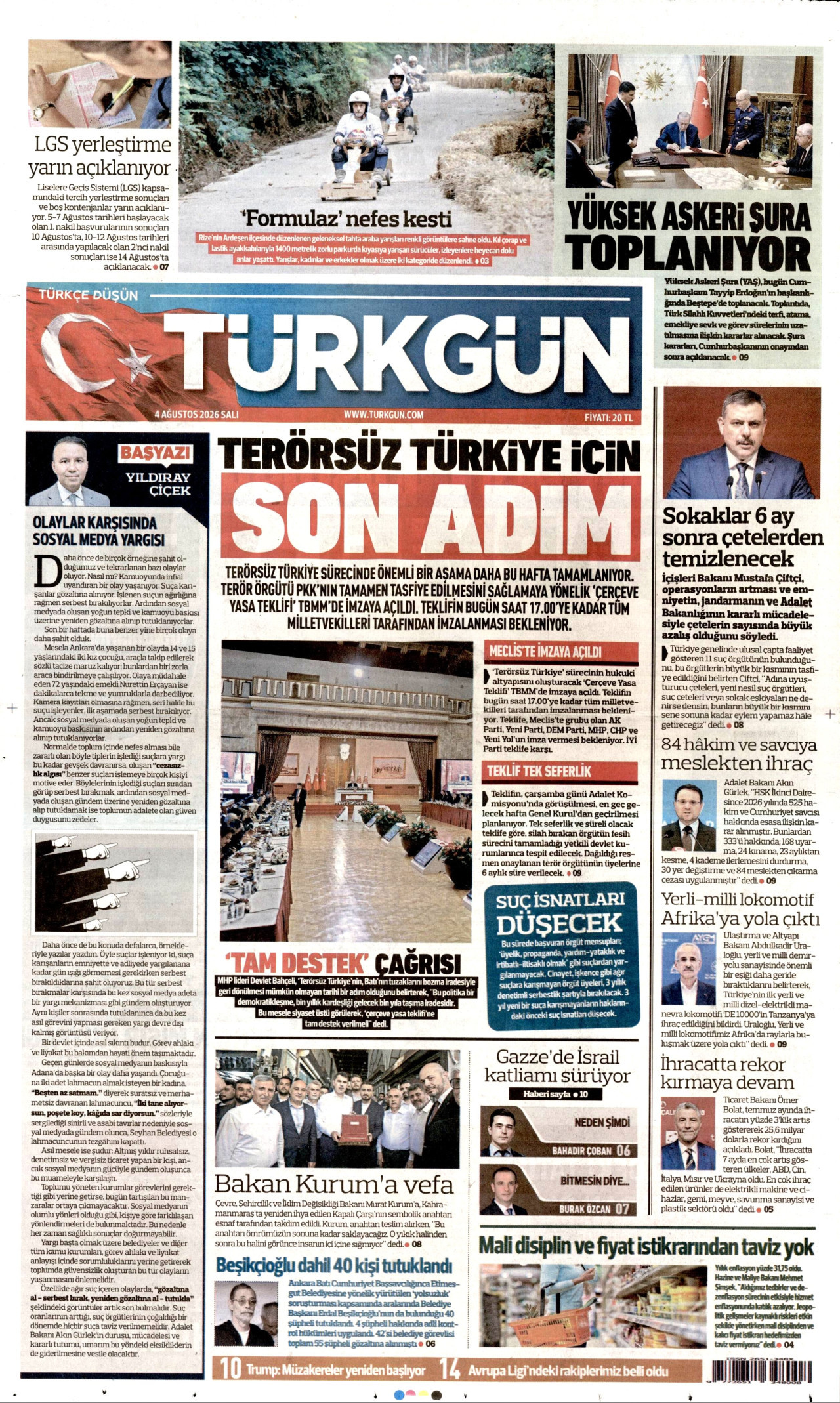 TÜRKGÜN gazetesinin 4 Ağustos 2026 tarihli birinci sayfası