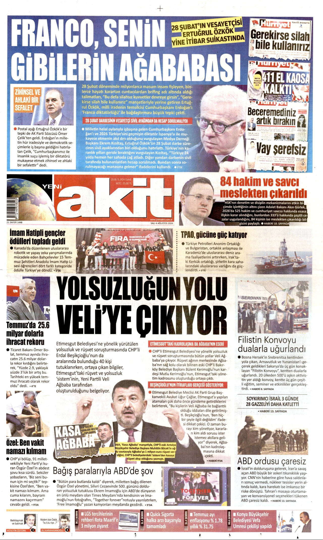 YENİ AKİT gazetesinin 4 Ağustos 2026 tarihli birinci sayfası