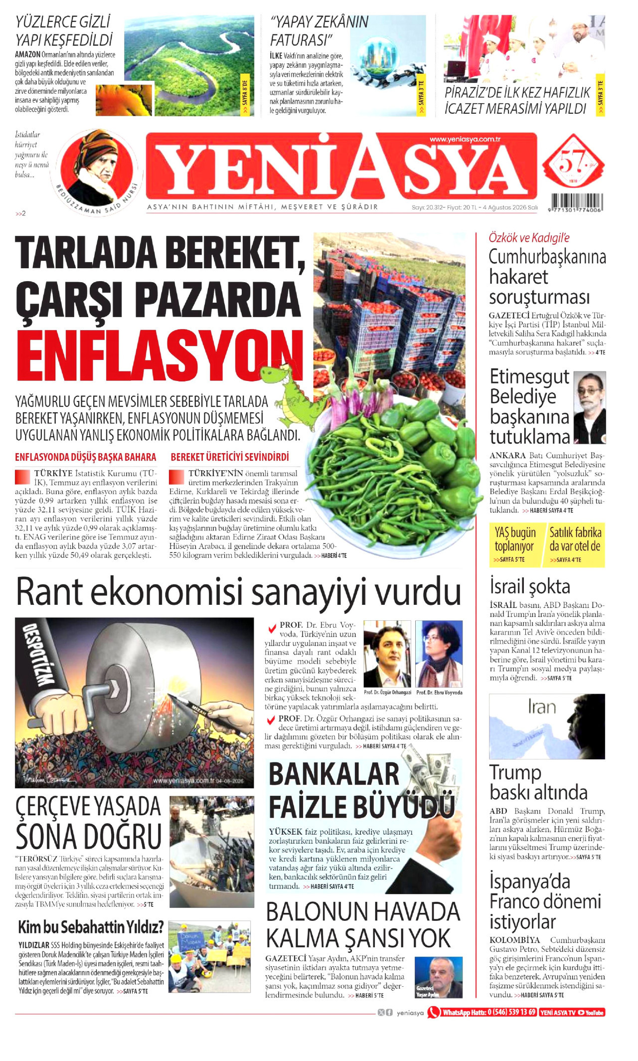 YENİ ASYA gazetesinin 4 Ağustos 2026 tarihli birinci sayfası
