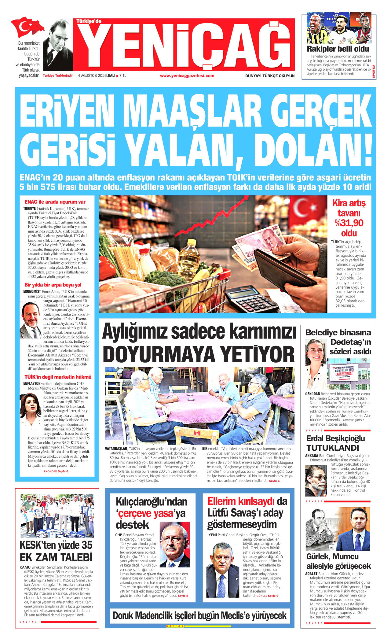 YENİÇAĞ gazetesinin 4 Ağustos 2026 tarihli birinci sayfası
