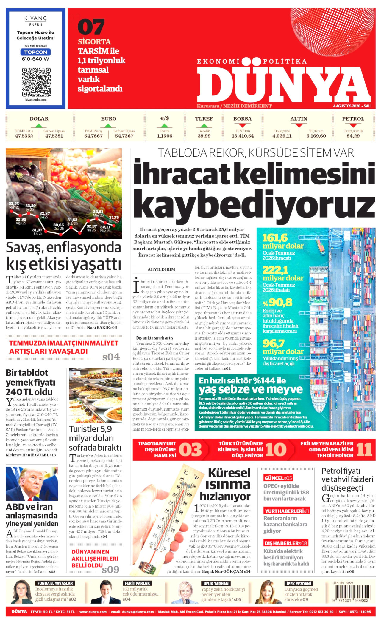 DÜNYA gazetesinin 4 Ağustos 2026 tarihli birinci sayfası
