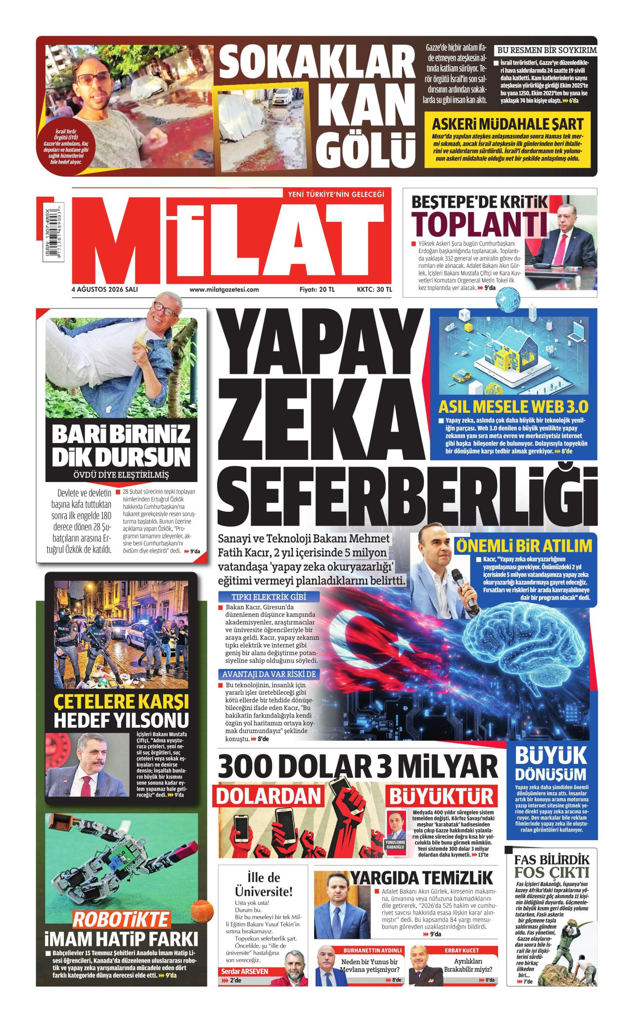 MİLAT gazetesinin 4 Ağustos 2026 tarihli birinci sayfası