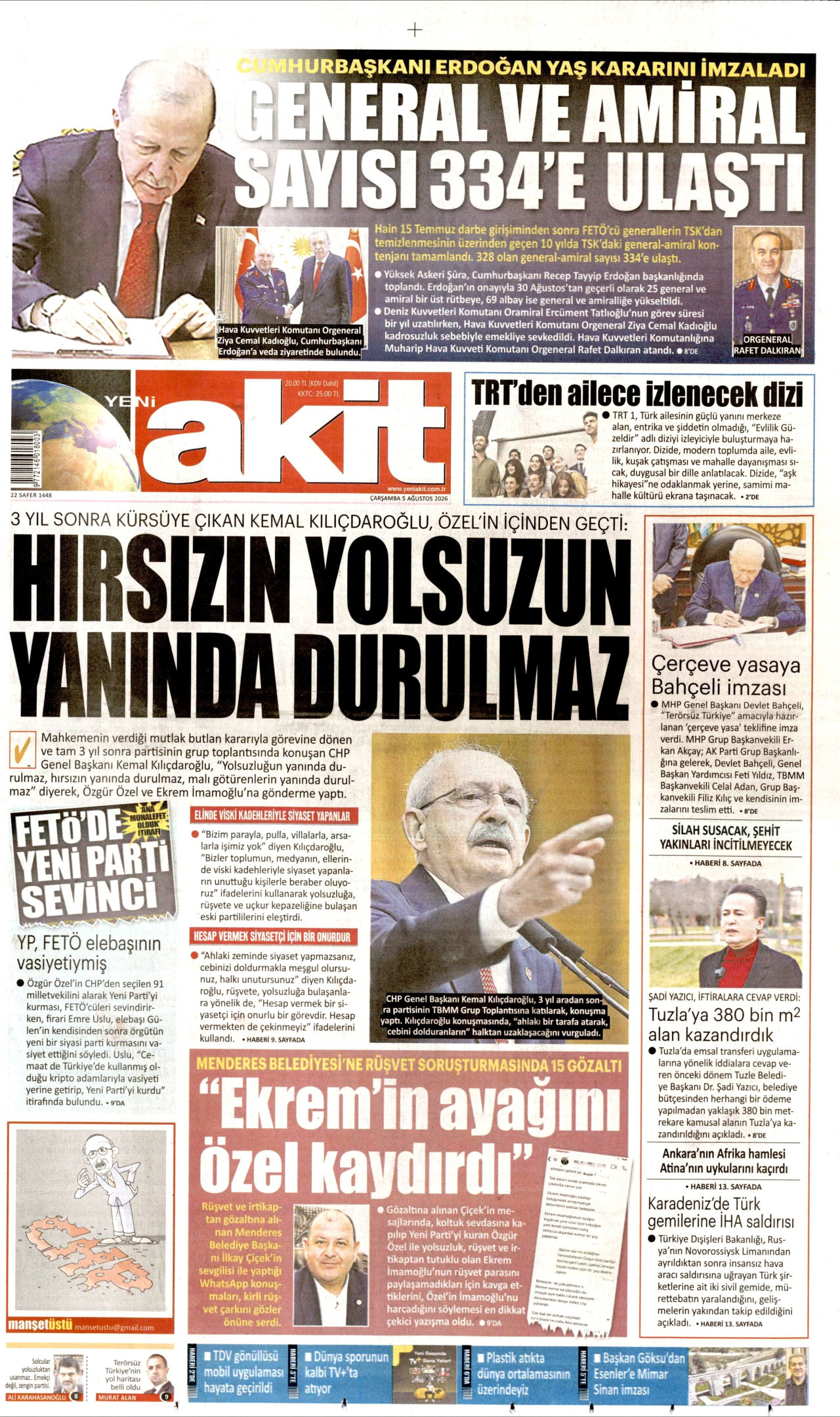YENİ AKİT gazetesinin 5 Ağustos 2026 tarihli birinci sayfası