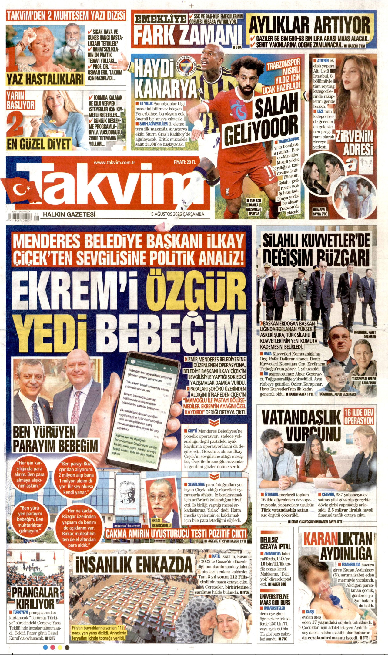TAKVİM gazetesinin 5 Ağustos 2026 tarihli birinci sayfası