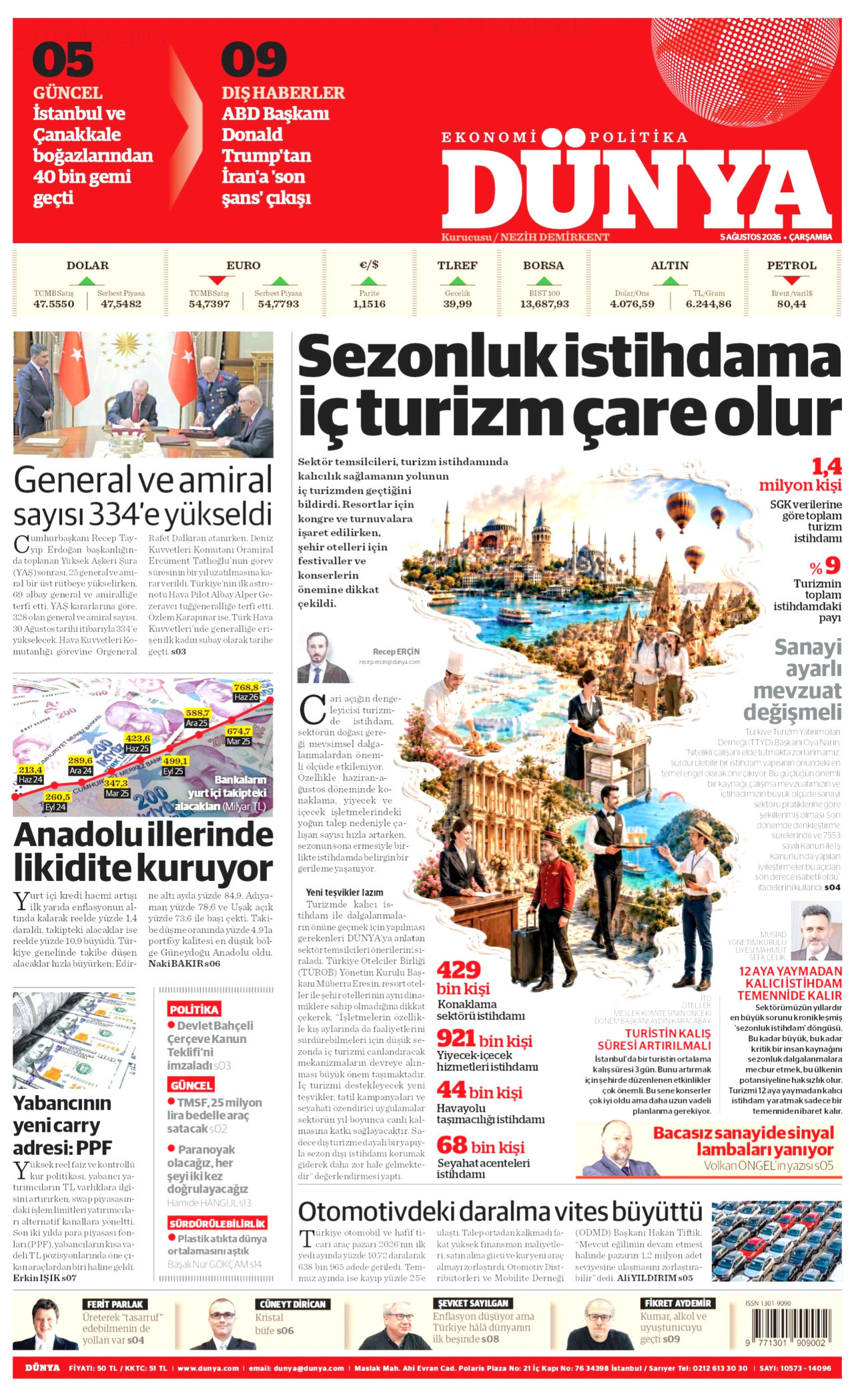 DÜNYA gazetesinin 5 Ağustos 2026 tarihli birinci sayfası