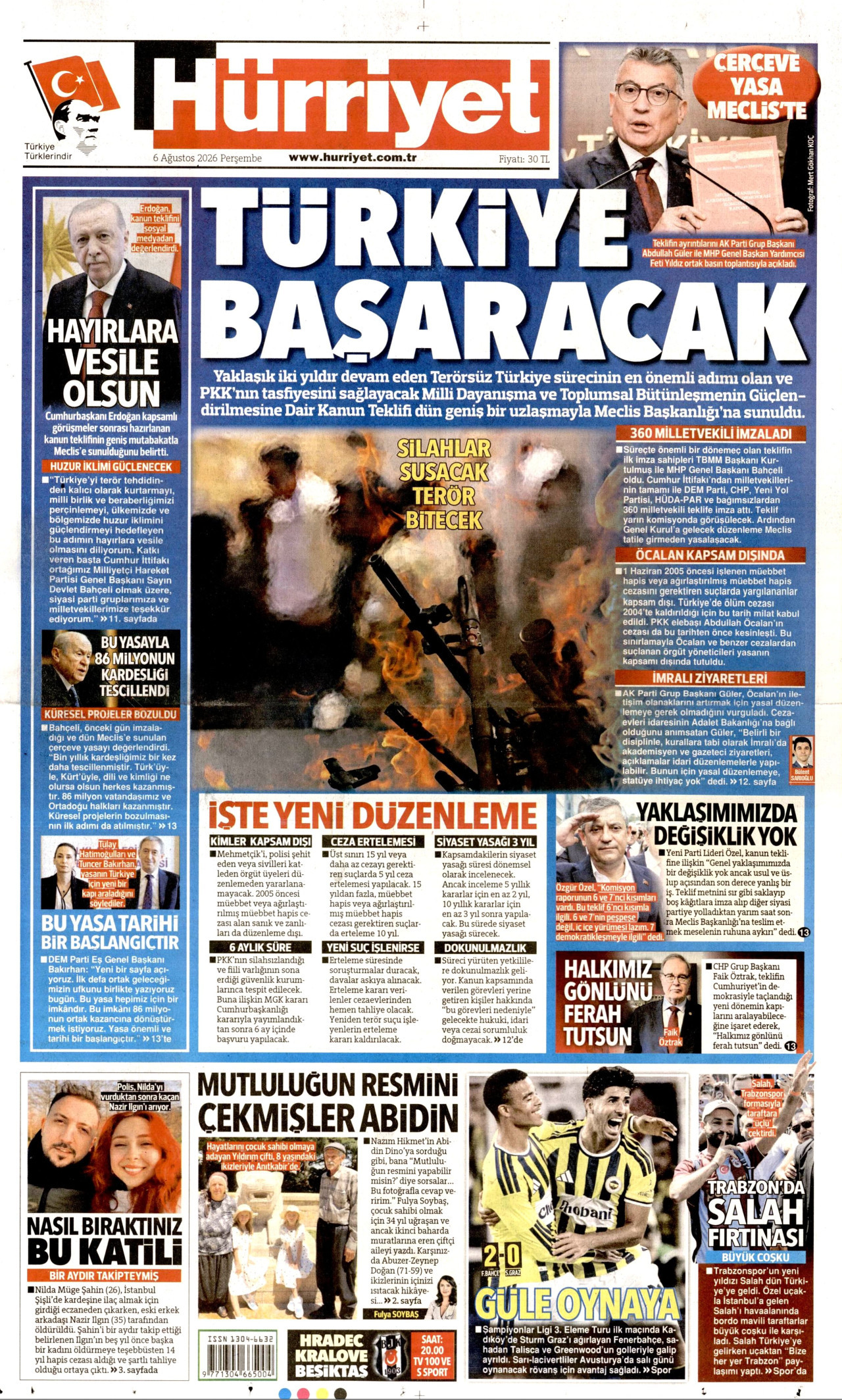 HÜRRİYET gazetesinin 6 Ağustos 2026 tarihli birinci sayfası
