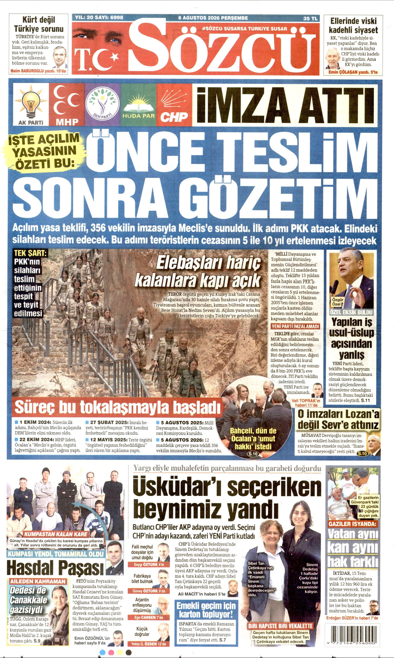 SÖZCÜ gazetesinin 6 Ağustos 2026 tarihli birinci sayfası