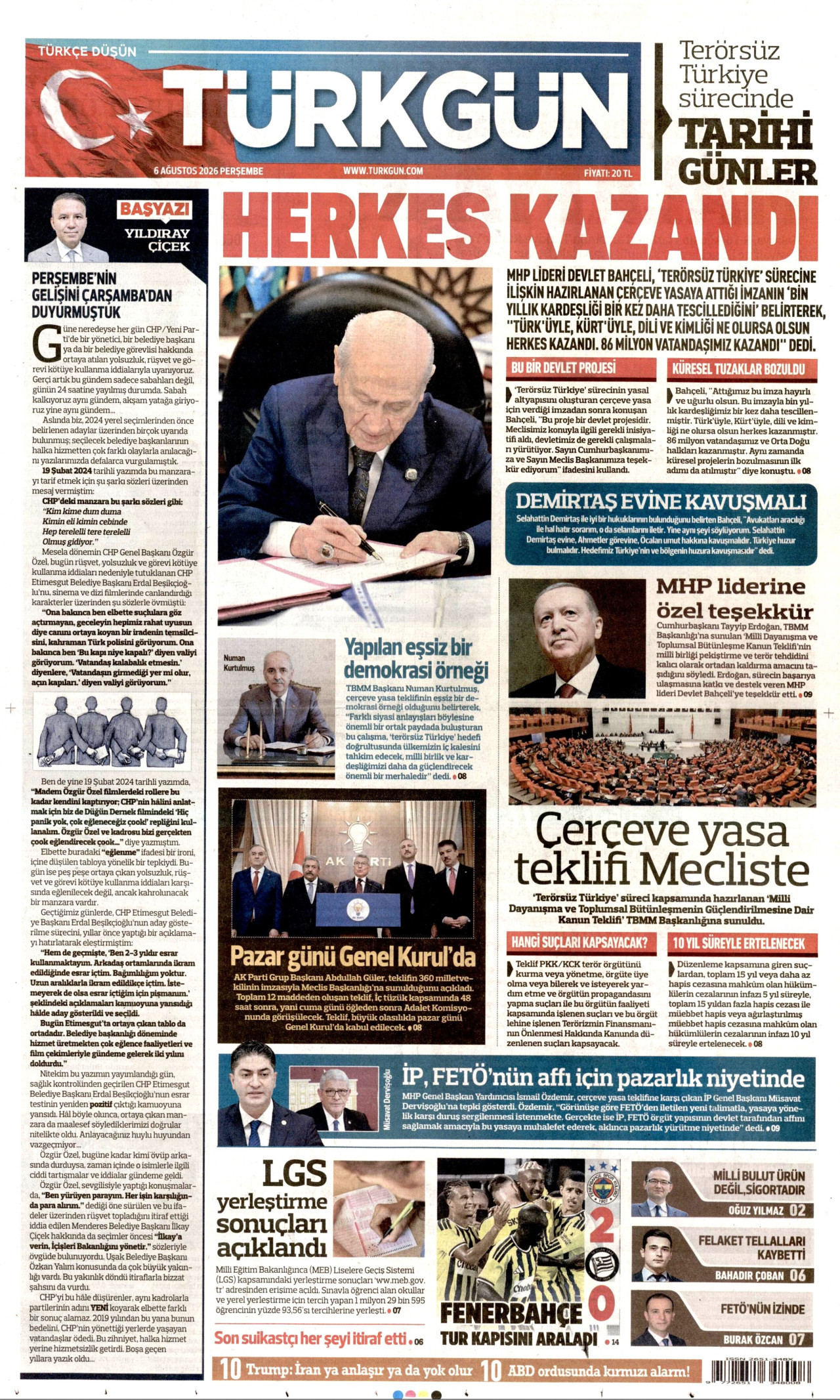 TÜRKGÜN gazetesinin 6 Ağustos 2026 tarihli birinci sayfası