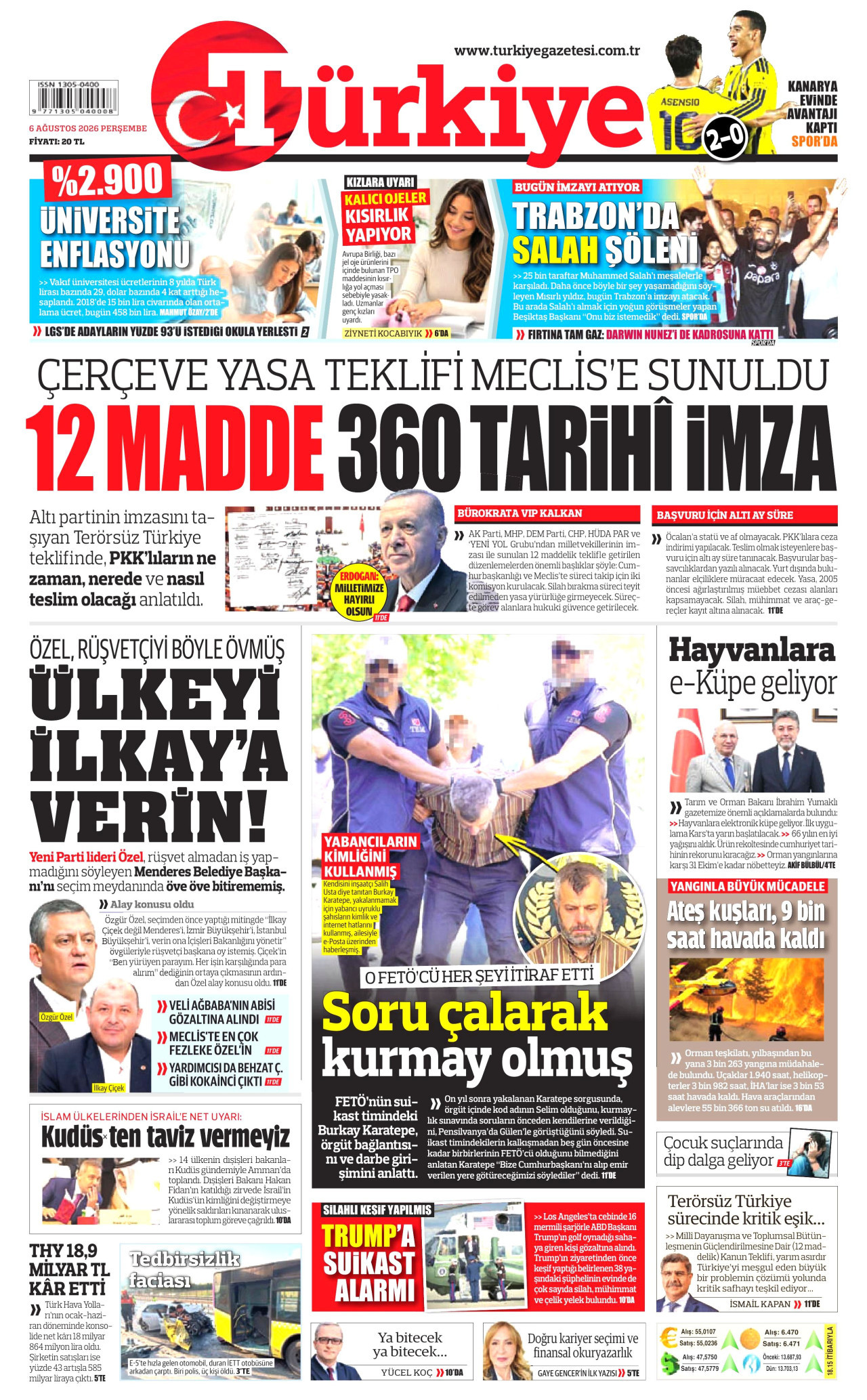 TÜRKİYE GAZETESİ gazetesinin 6 Ağustos 2026 tarihli birinci sayfası
