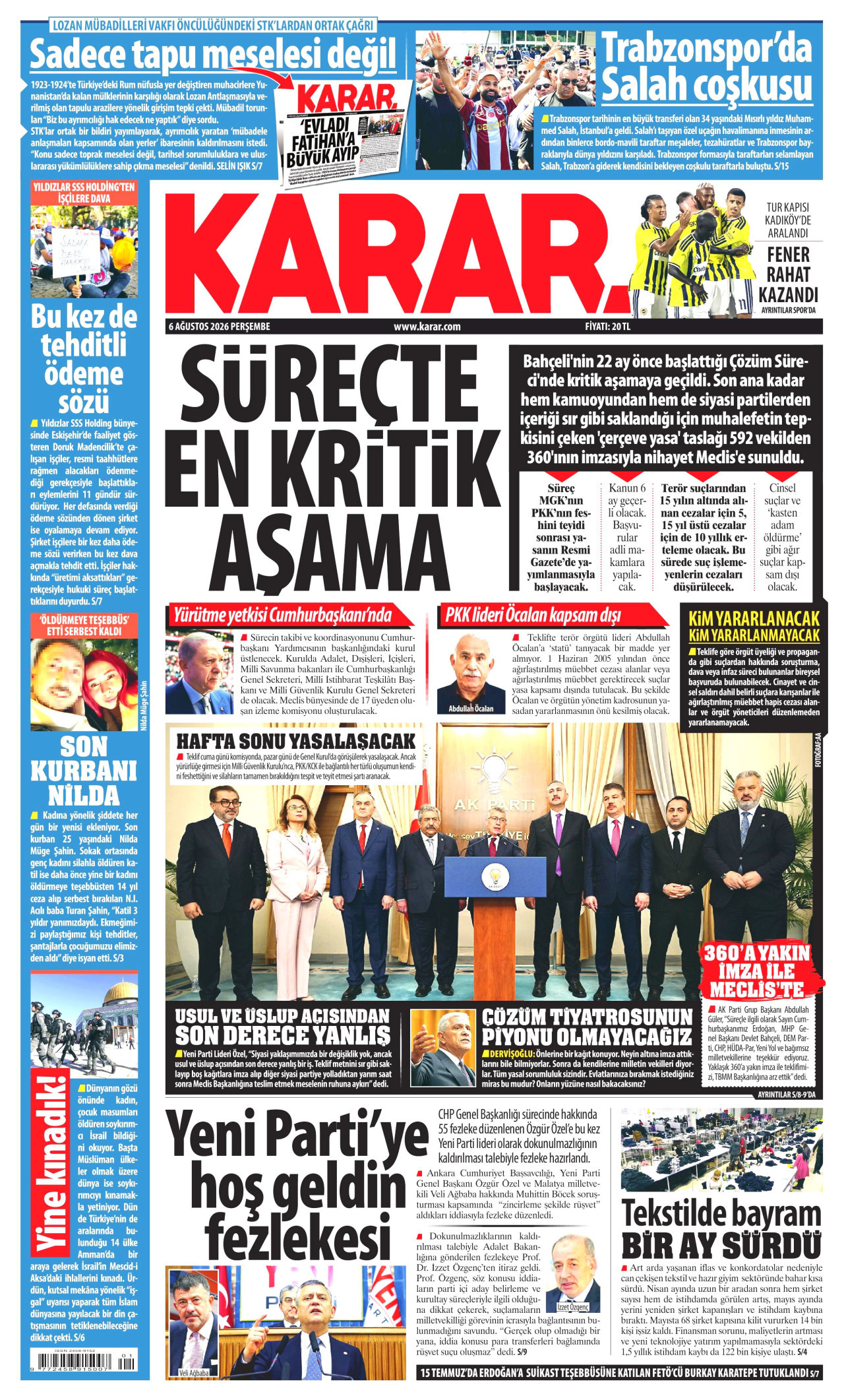 KARAR gazetesinin 6 Ağustos 2026 tarihli birinci sayfası