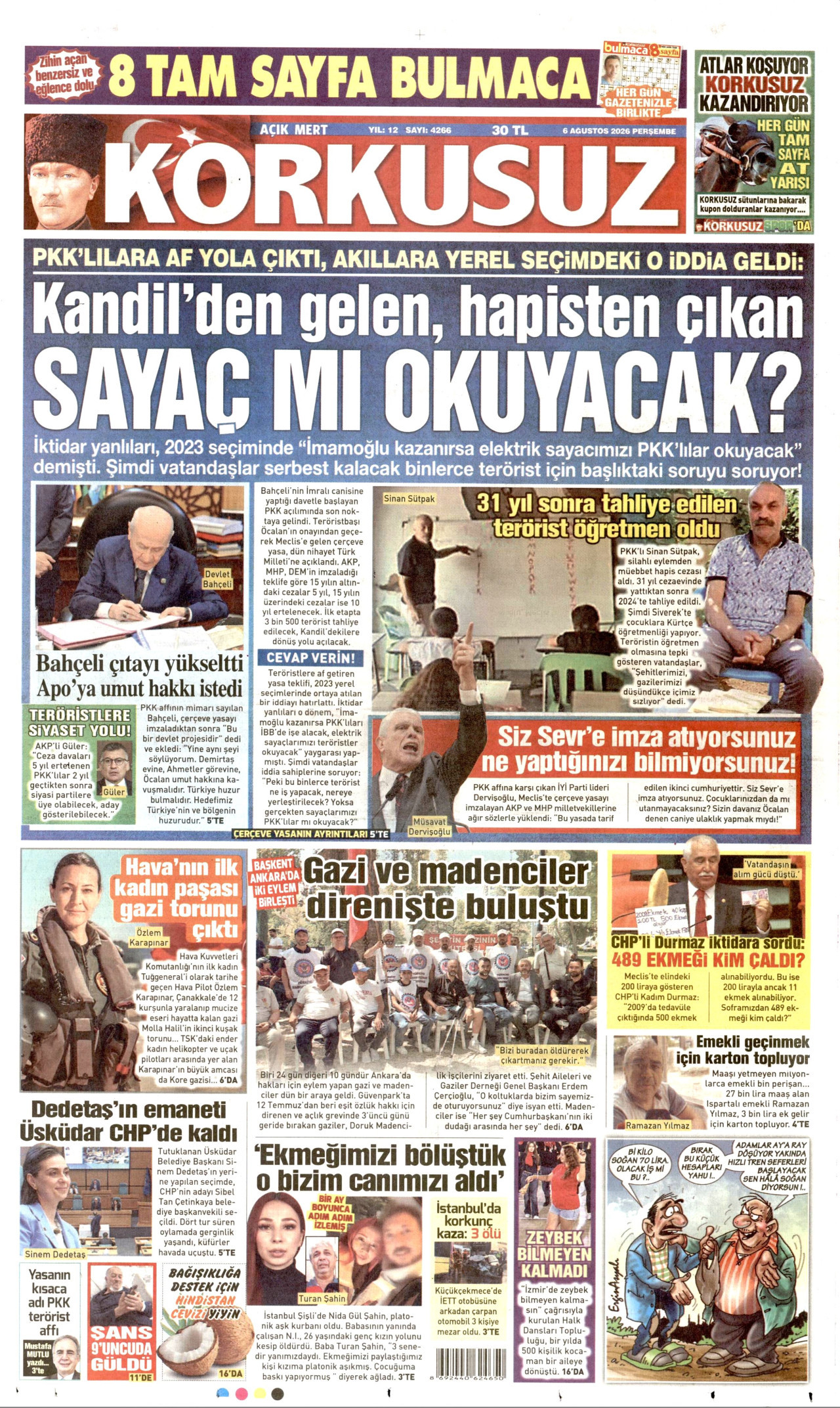 KORKUSUZ gazetesinin 6 Ağustos 2026 tarihli birinci sayfası