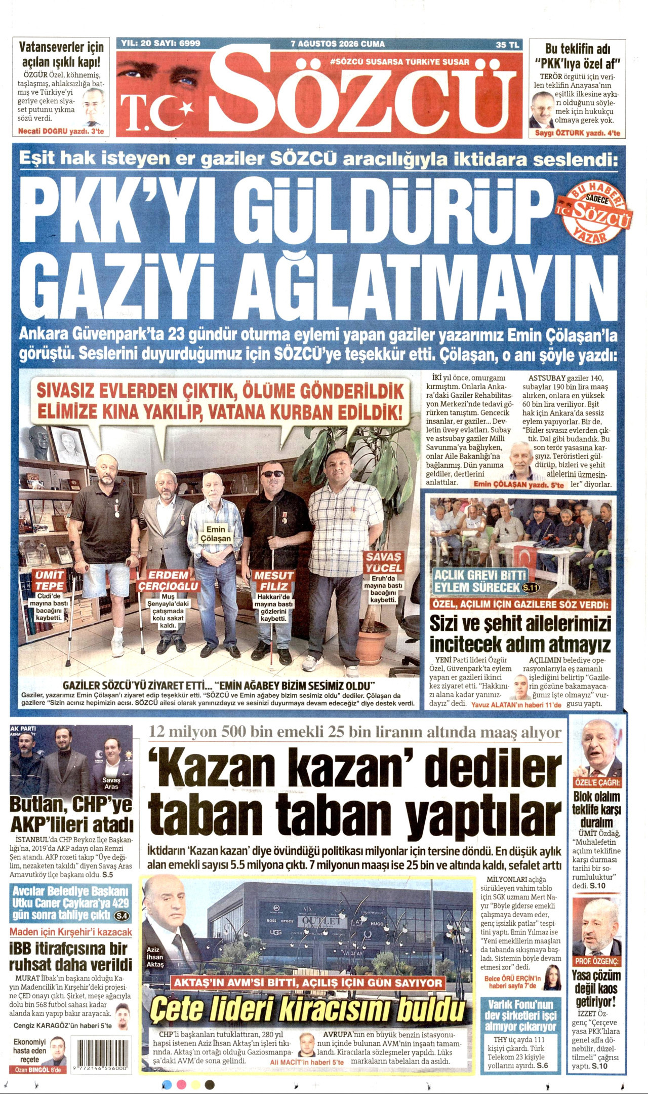 SÖZCÜ gazetesinin 7 Ağustos 2026 tarihli birinci sayfası
