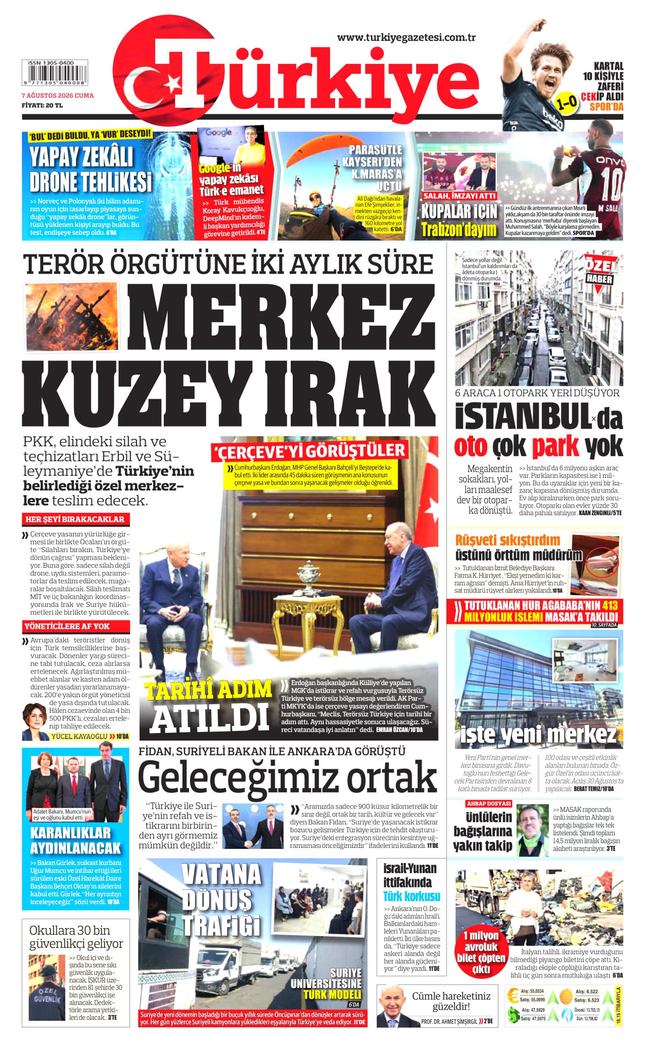 TÜRKİYE GAZETESİ gazetesinin 7 Ağustos 2026 tarihli birinci sayfası
