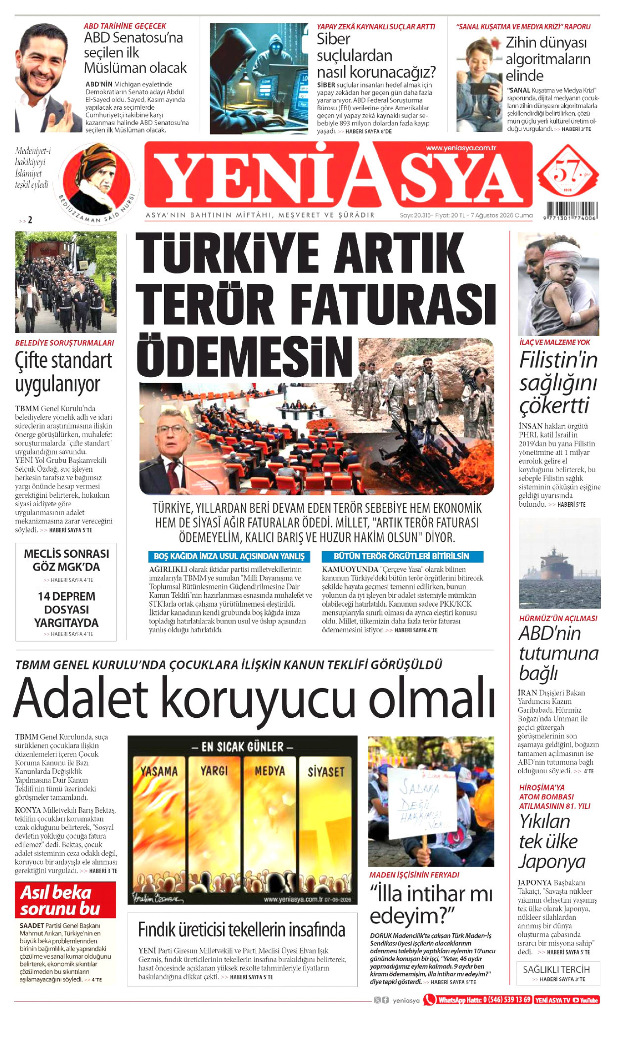 YENİ ASYA gazetesinin 7 Ağustos 2026 tarihli birinci sayfası