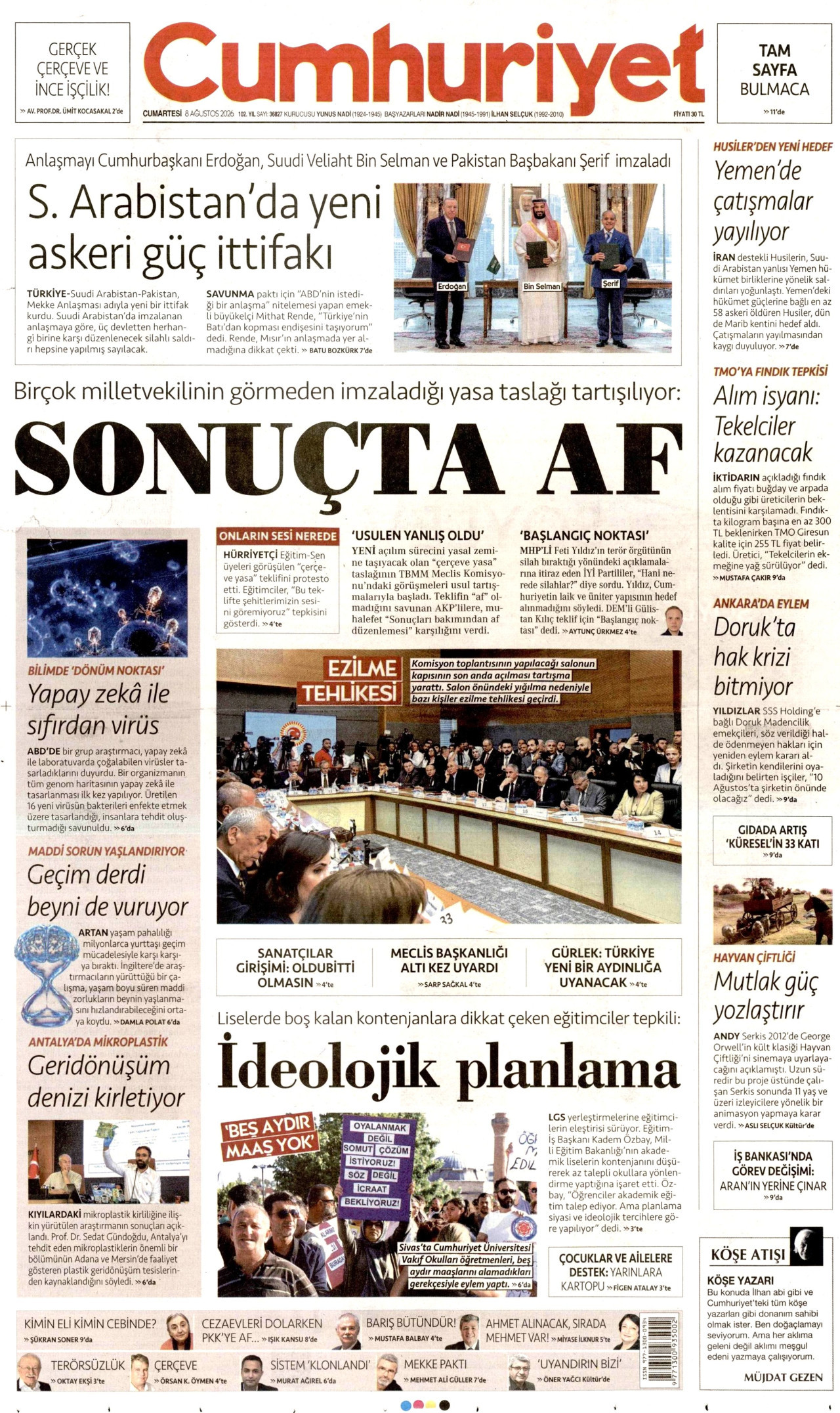 CUMHURİYET gazetesinin 8 Ağustos 2026 tarihli birinci sayfası