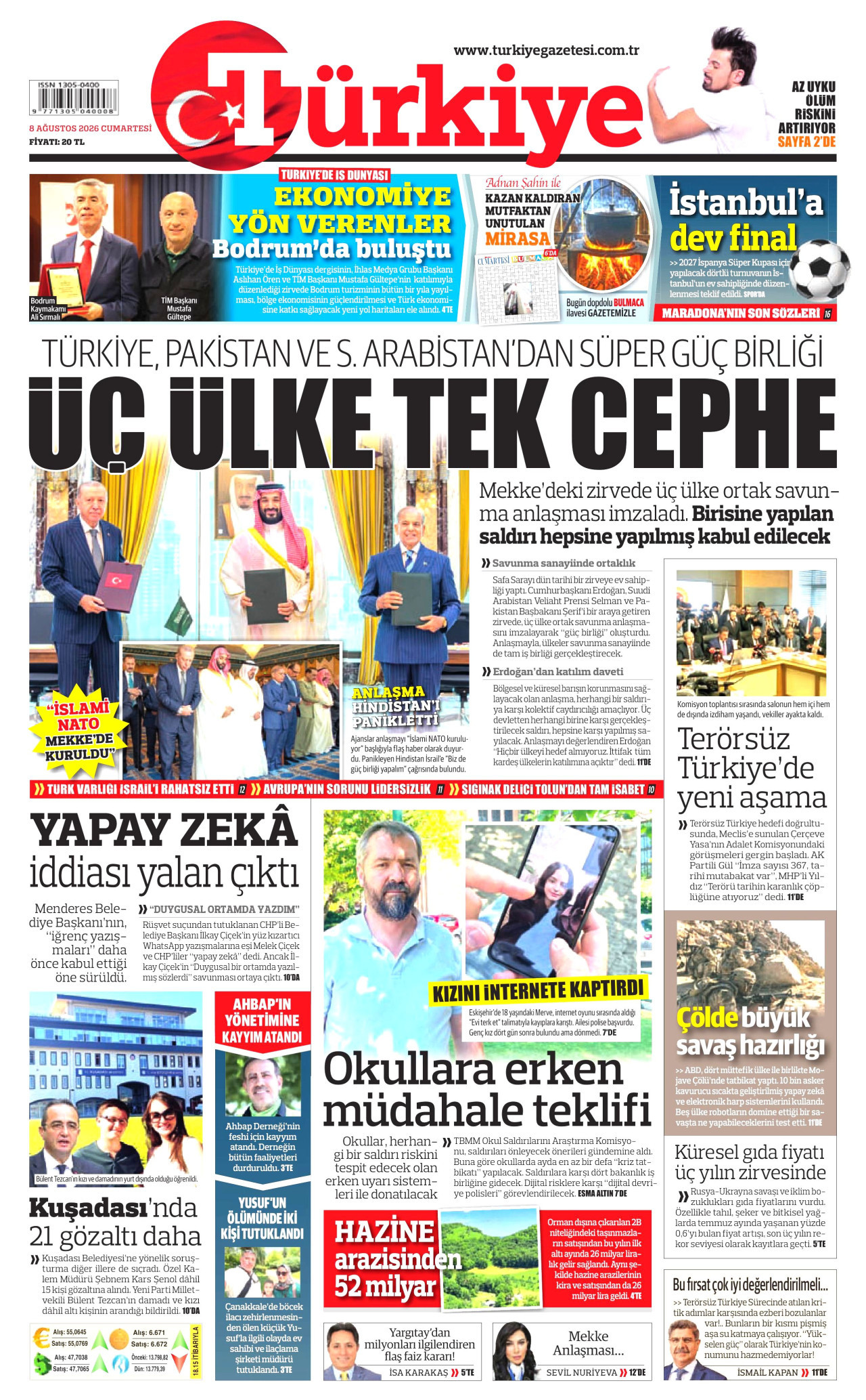TÜRKİYE GAZETESİ gazetesinin 8 Ağustos 2026 tarihli birinci sayfası