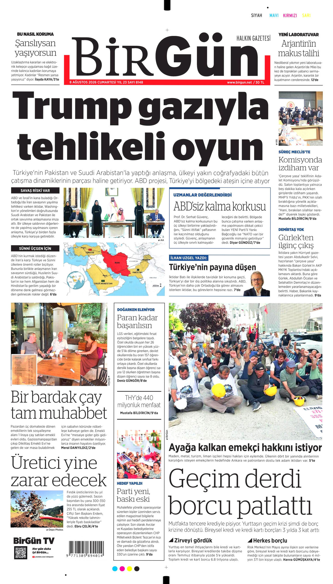 BİRGÜN gazetesinin 8 Ağustos 2026 tarihli birinci sayfası