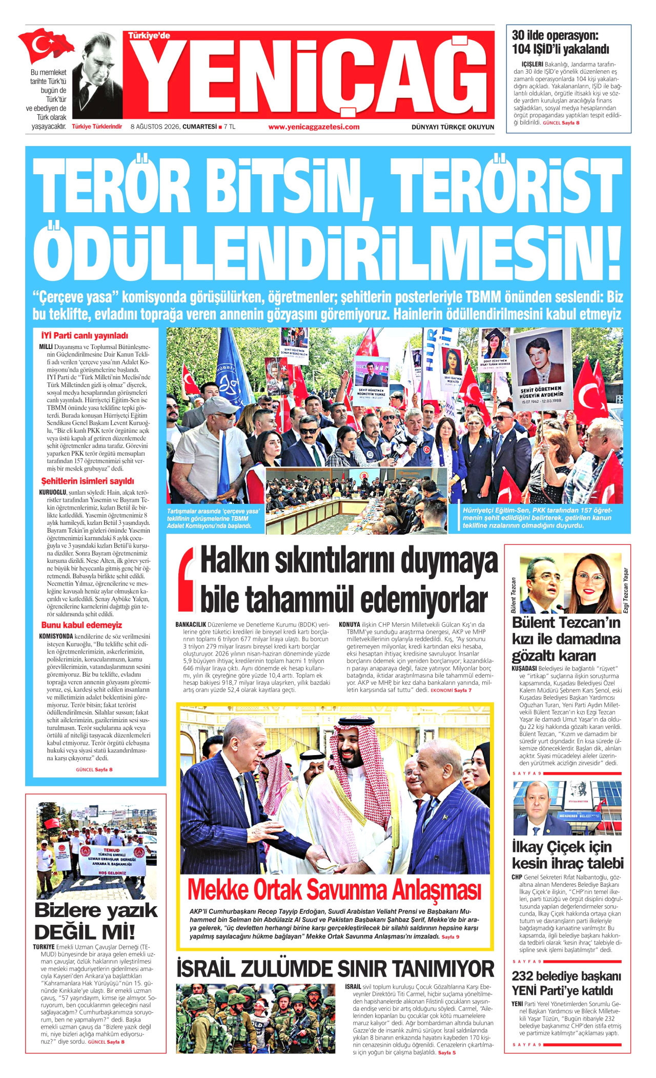 YENİÇAĞ gazetesinin 8 Ağustos 2026 tarihli birinci sayfası