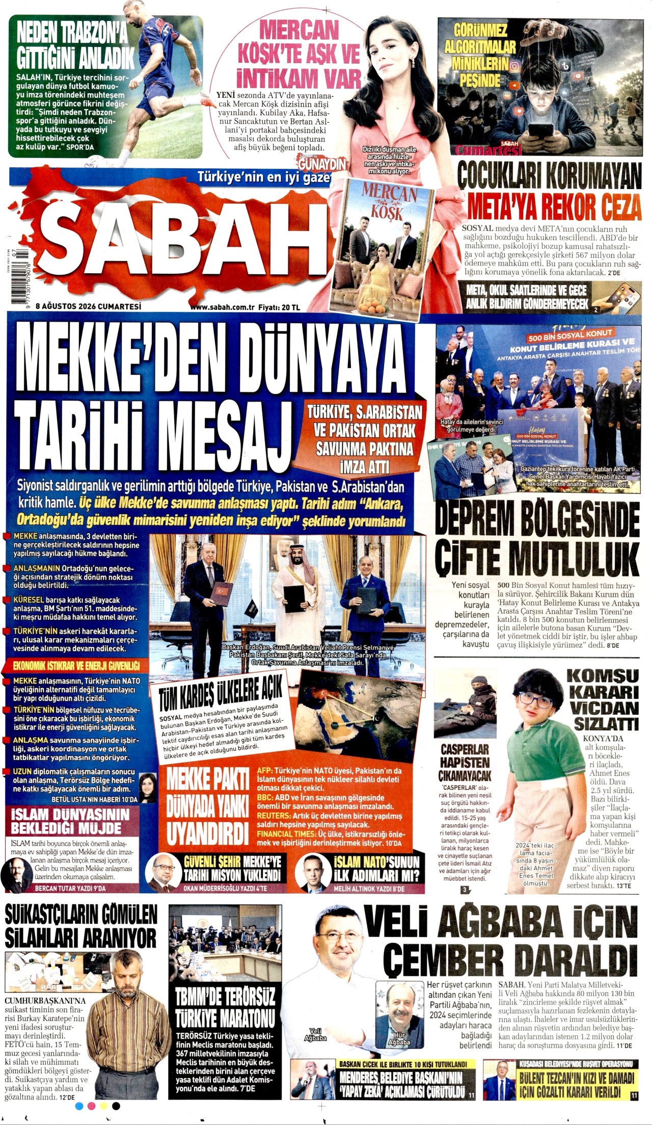 SABAH gazetesinin 8 Ağustos 2026 tarihli birinci sayfası