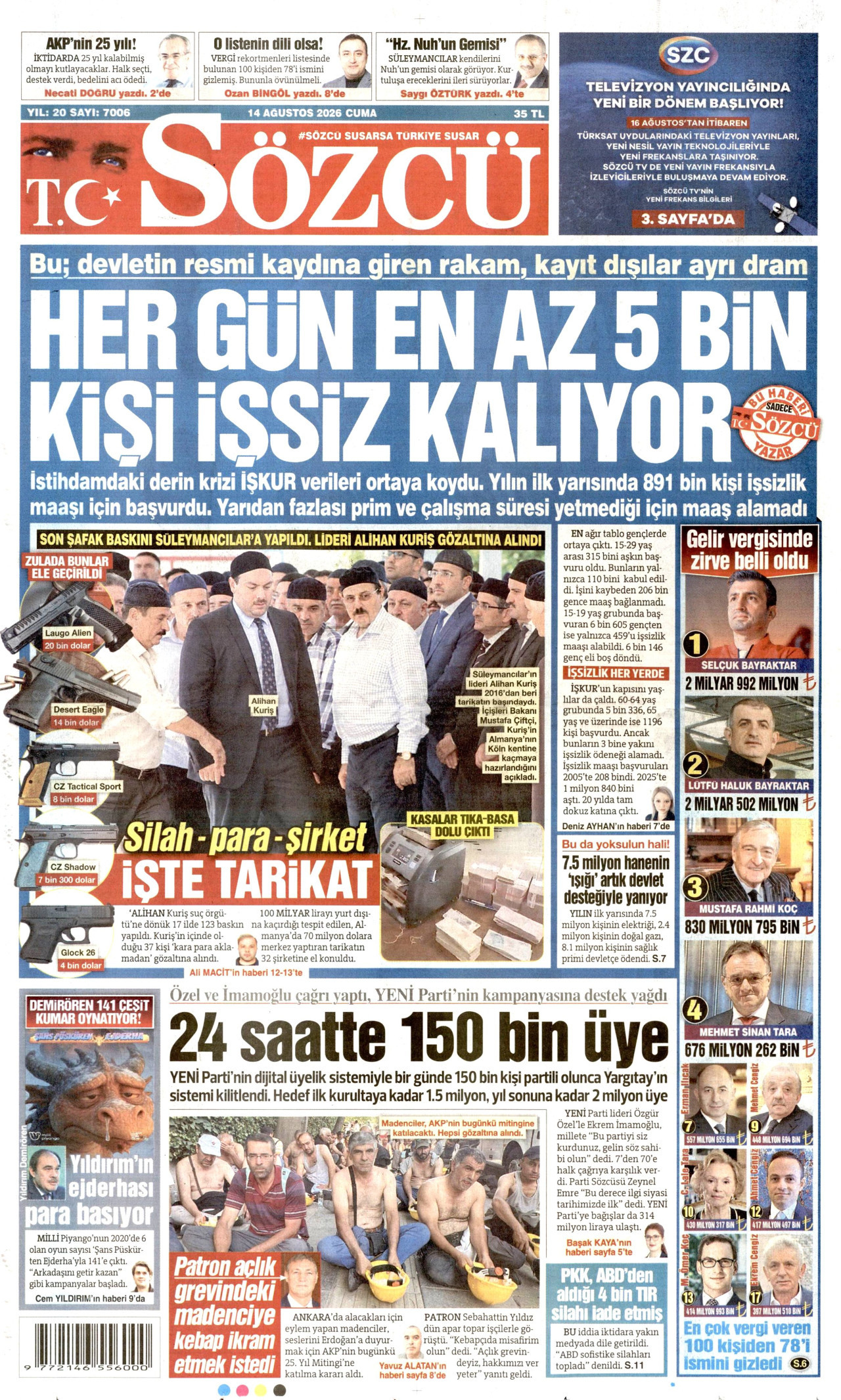 SÖZCÜ 14 Ağustos 2026 Gazete Manşeti Büyük