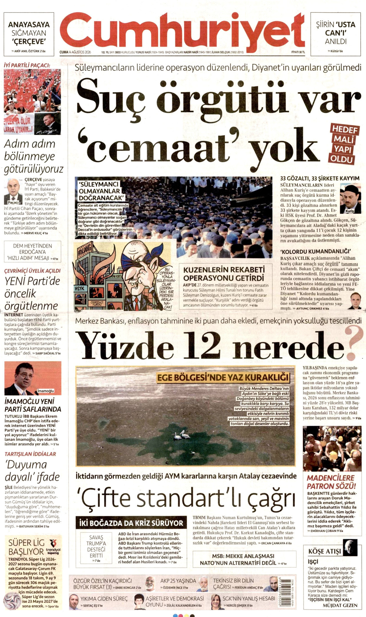 CUMHURİYET 14 Ağustos 2026 Gazete Manşeti Büyük