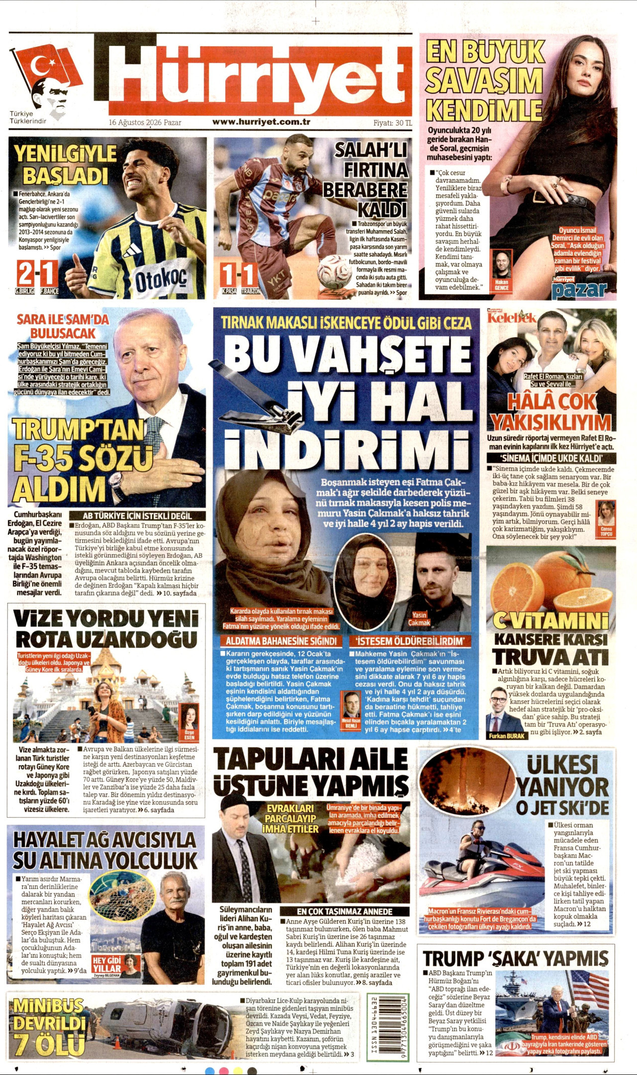 HÜRRİYET 16 Ağustos 2026 Gazete Manşeti Büyük