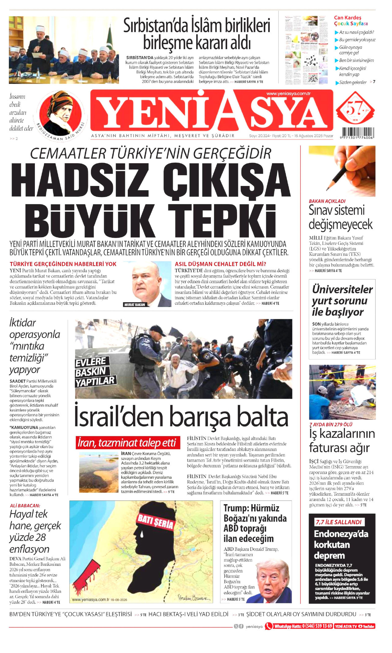 YENİ ASYA 16 Ağustos 2026 Gazete Manşeti Büyük