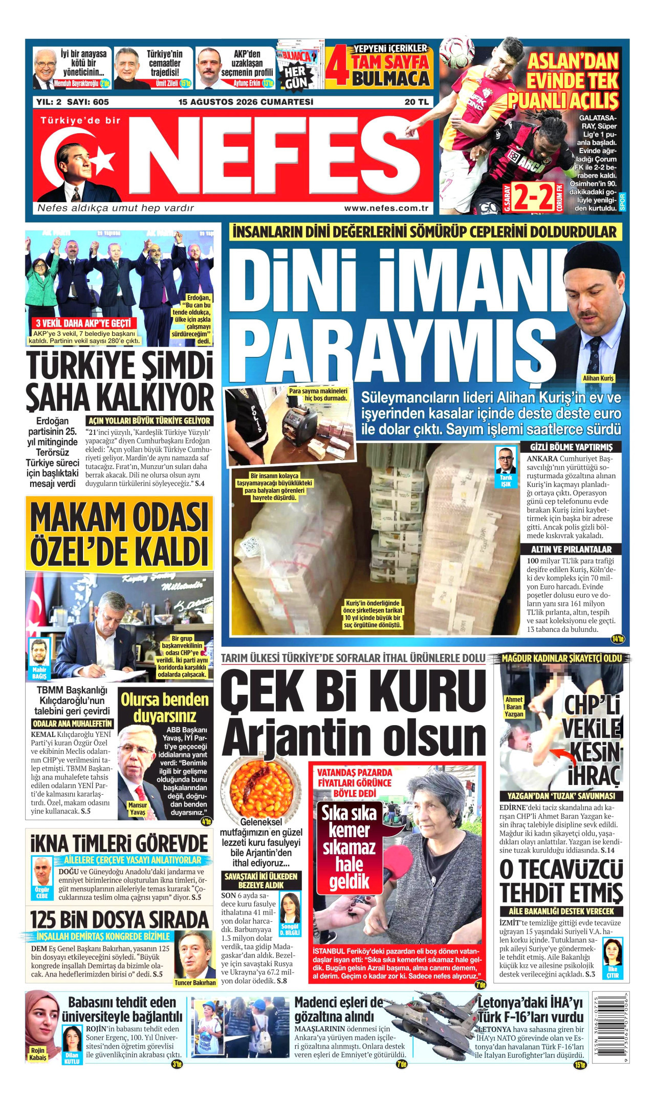 NEFES gazetesinin 15 Ağustos 2026 tarihli birinci sayfası