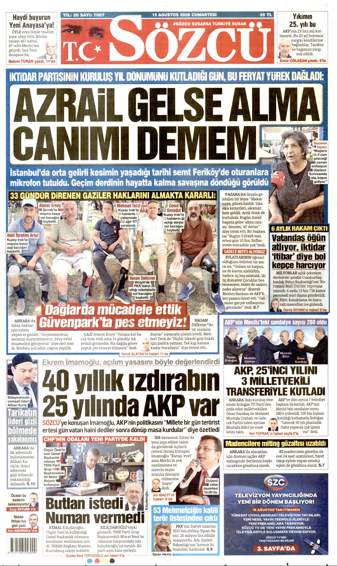 SÖZCÜ gazetesinin 15 Ağustos 2026 tarihli birinci sayfası