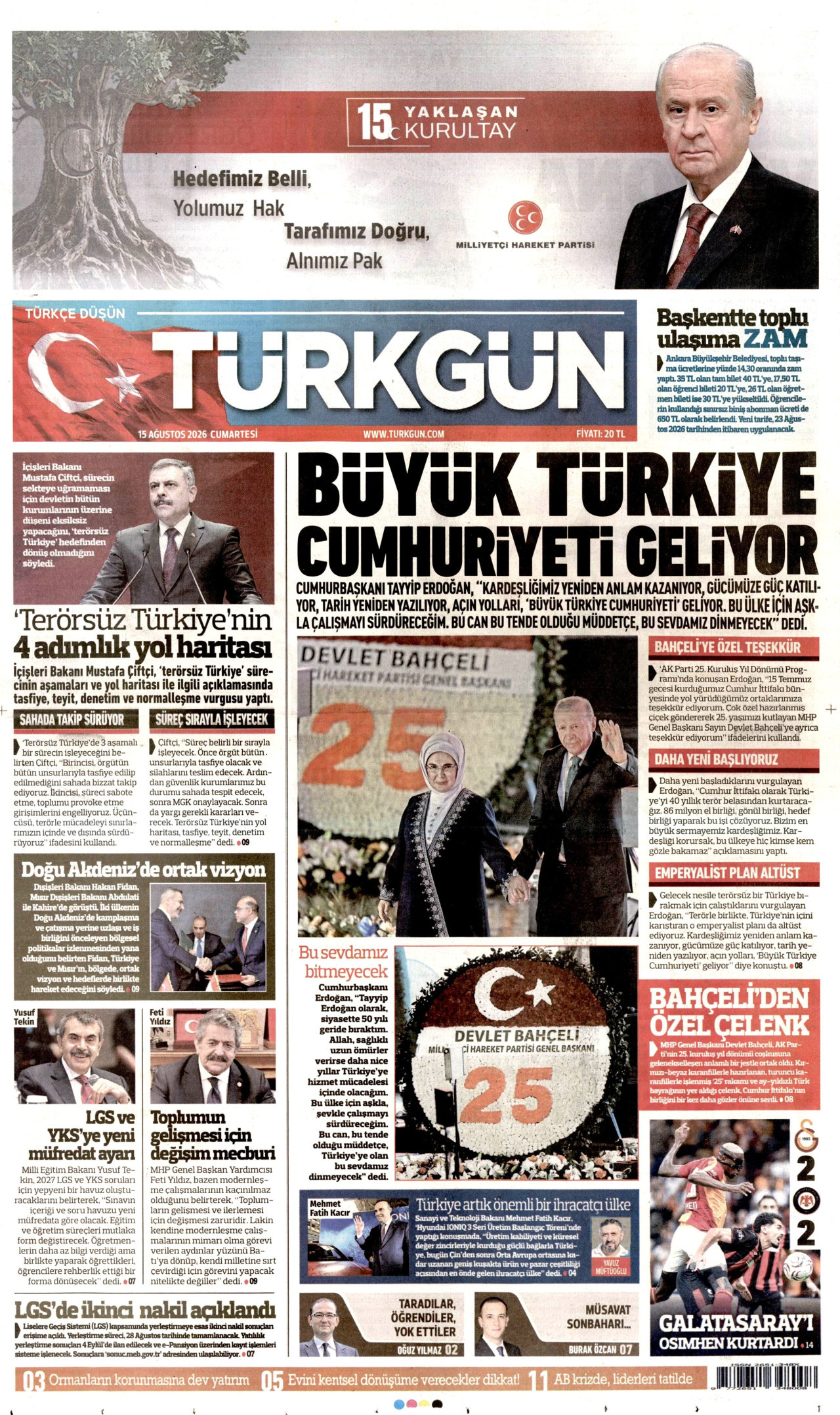 TÜRKGÜN gazetesinin 15 Ağustos 2026 tarihli birinci sayfası