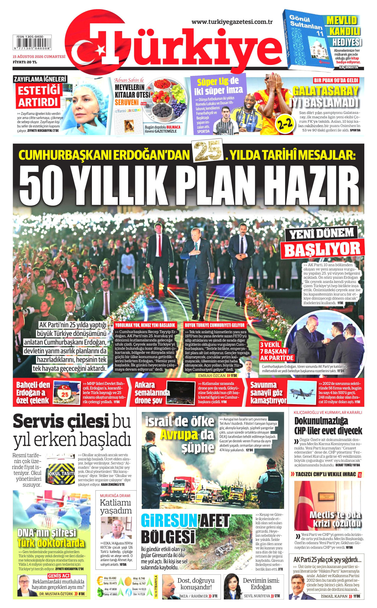 TÜRKİYE GAZETESİ gazetesinin 15 Ağustos 2026 tarihli birinci sayfası
