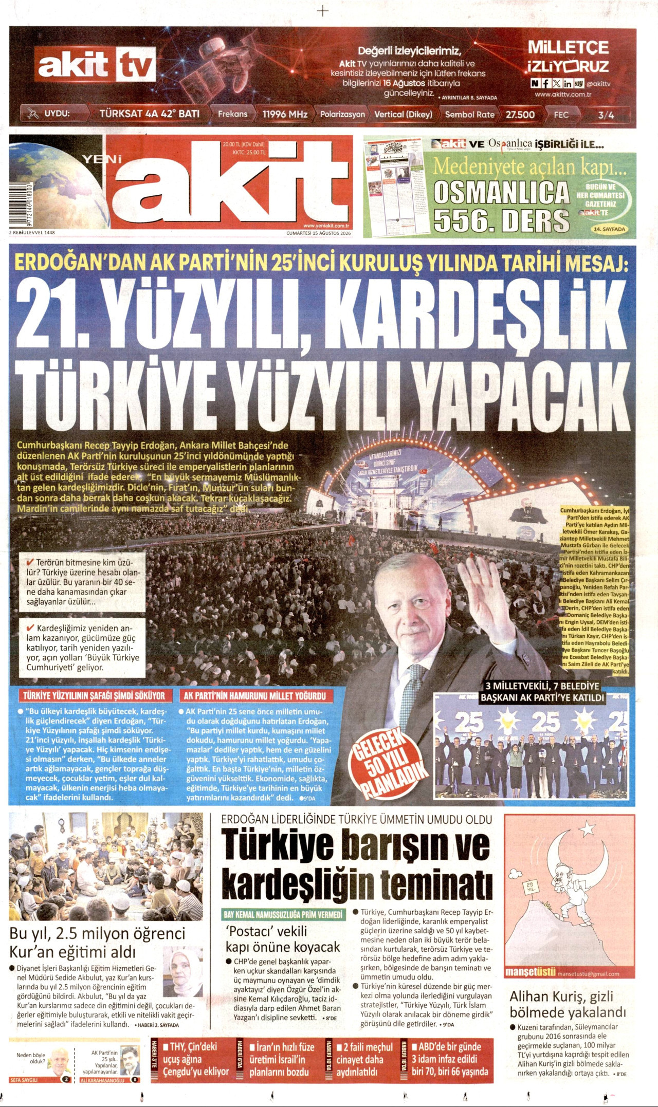 YENİ AKİT gazetesinin 15 Ağustos 2026 tarihli birinci sayfası