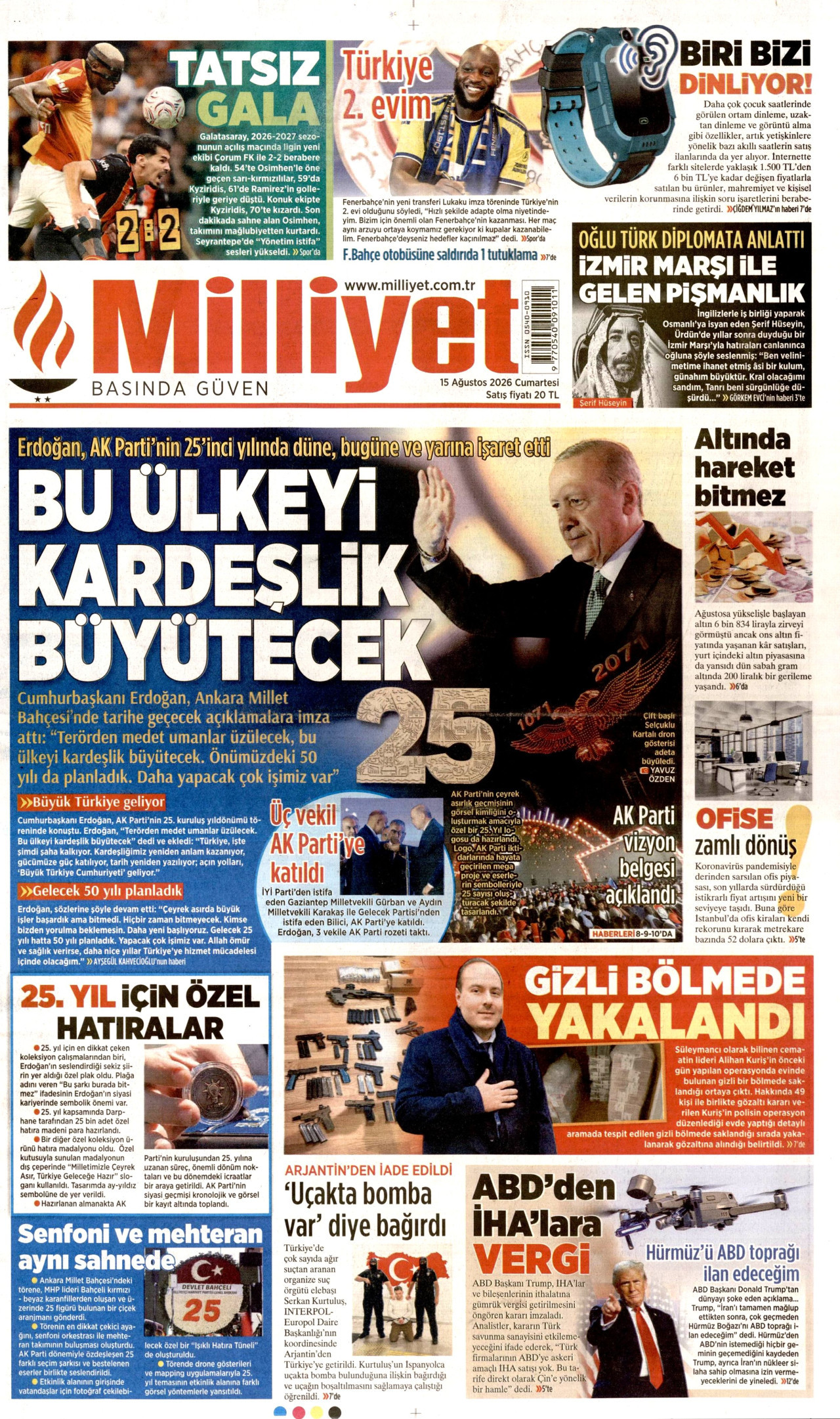 MİLLİYET gazetesinin 15 Ağustos 2026 tarihli birinci sayfası