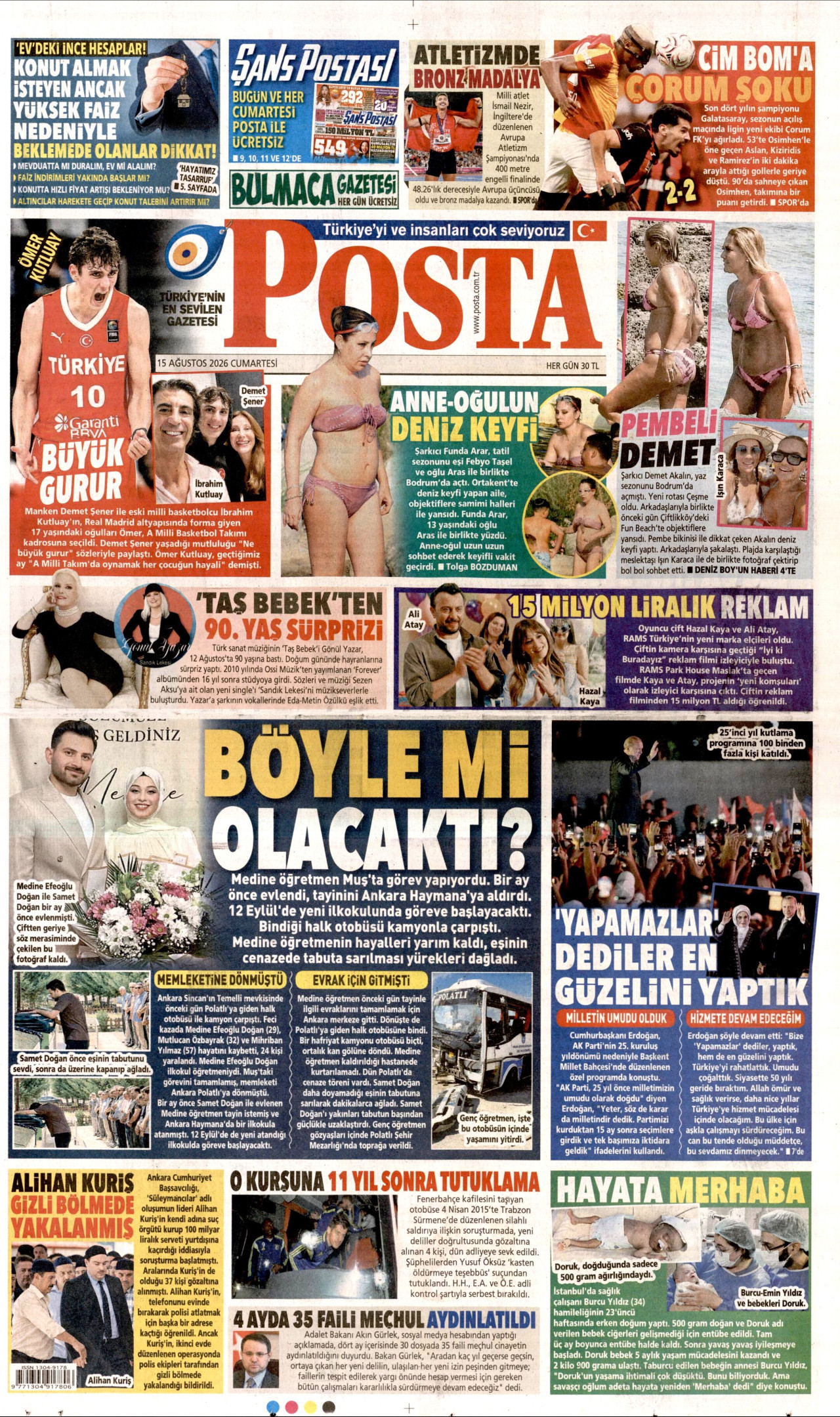 POSTA gazetesinin 15 Ağustos 2026 tarihli birinci sayfası