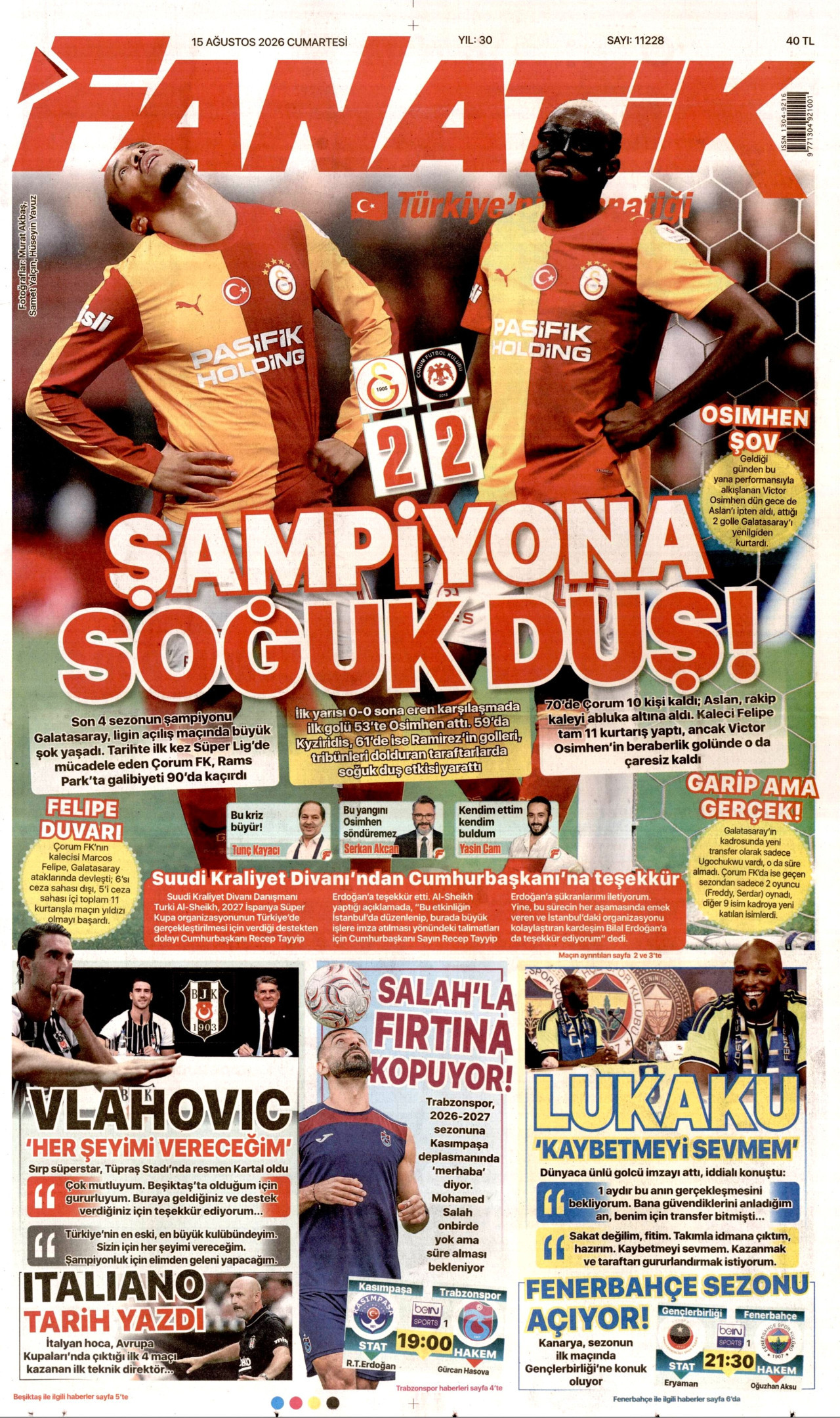 FANATİK gazetesinin 15 Ağustos 2026 tarihli birinci sayfası
