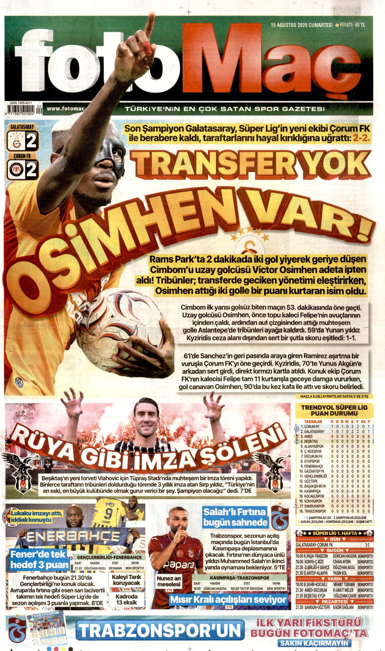 FOTOMAÇ gazetesinin 15 Ağustos 2026 tarihli birinci sayfası