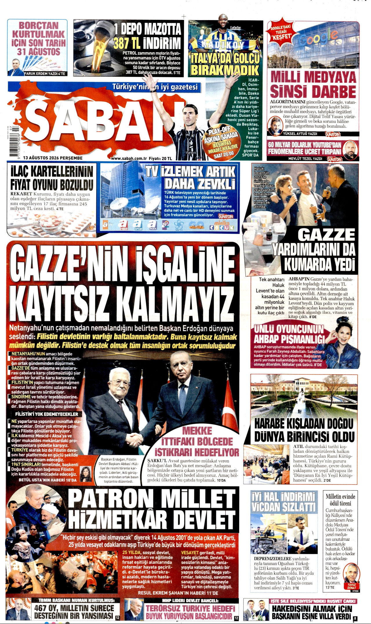 SABAH gazetesinin 13 Ağustos 2026 tarihli birinci sayfası