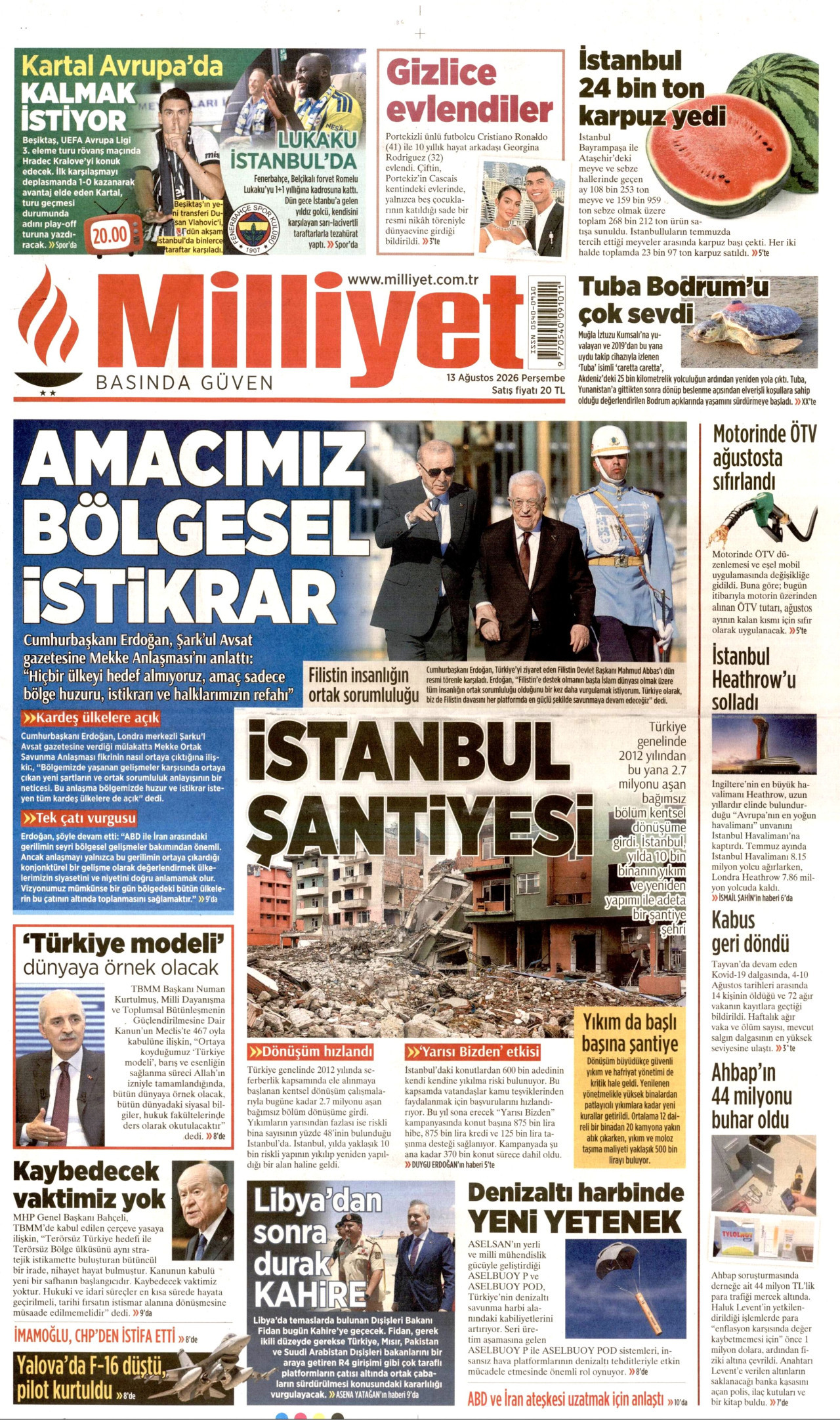 MİLLİYET gazetesinin 13 Ağustos 2026 tarihli birinci sayfası
