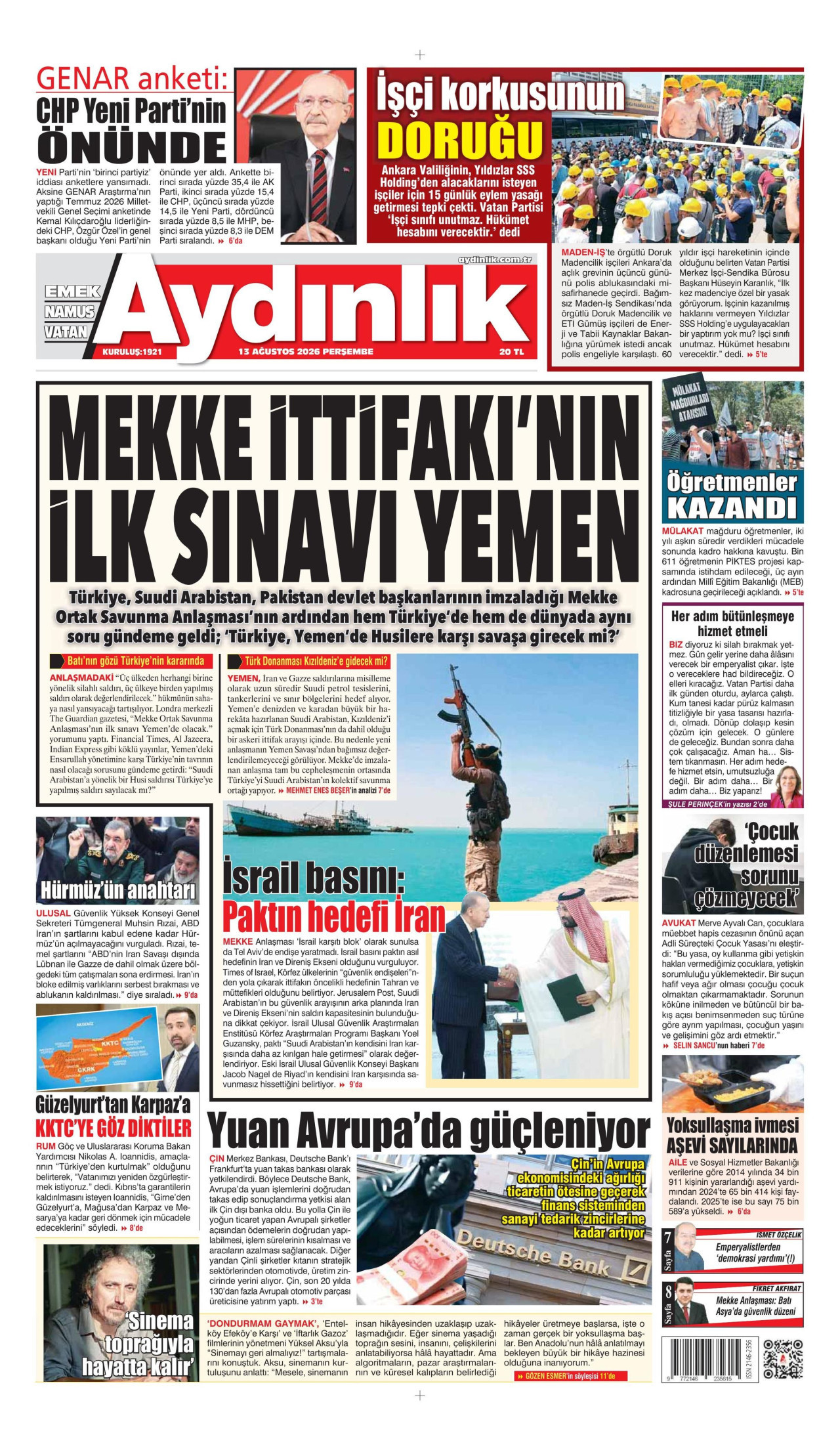 AYDINLIK GAZETESİ gazetesinin 13 Ağustos 2026 tarihli birinci sayfası