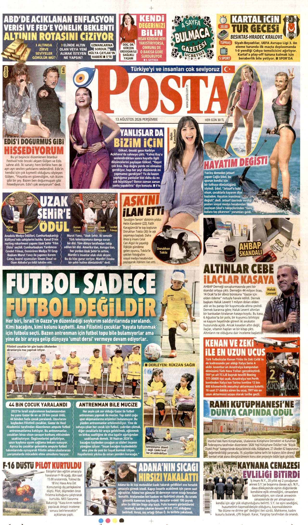 POSTA gazetesinin 13 Ağustos 2026 tarihli birinci sayfası