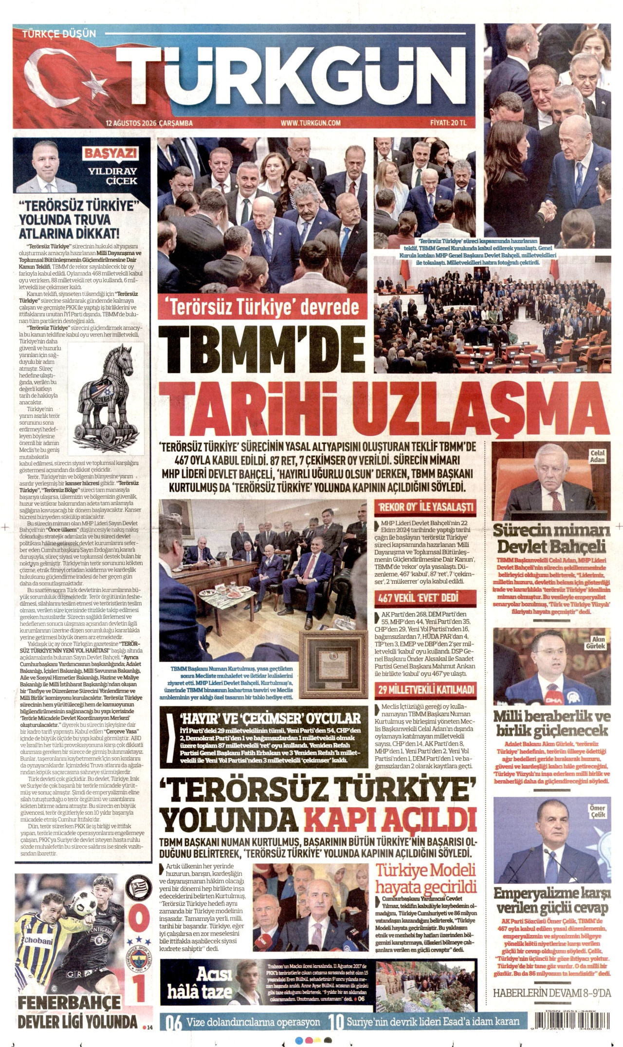 TÜRKGÜN gazetesinin 12 Ağustos 2026 tarihli birinci sayfası