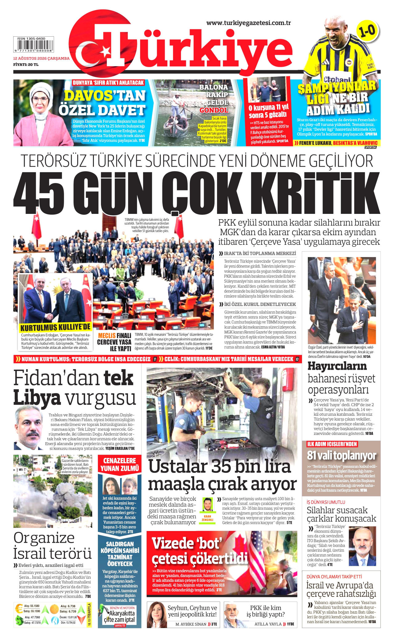 TÜRKİYE GAZETESİ gazetesinin 12 Ağustos 2026 tarihli birinci sayfası