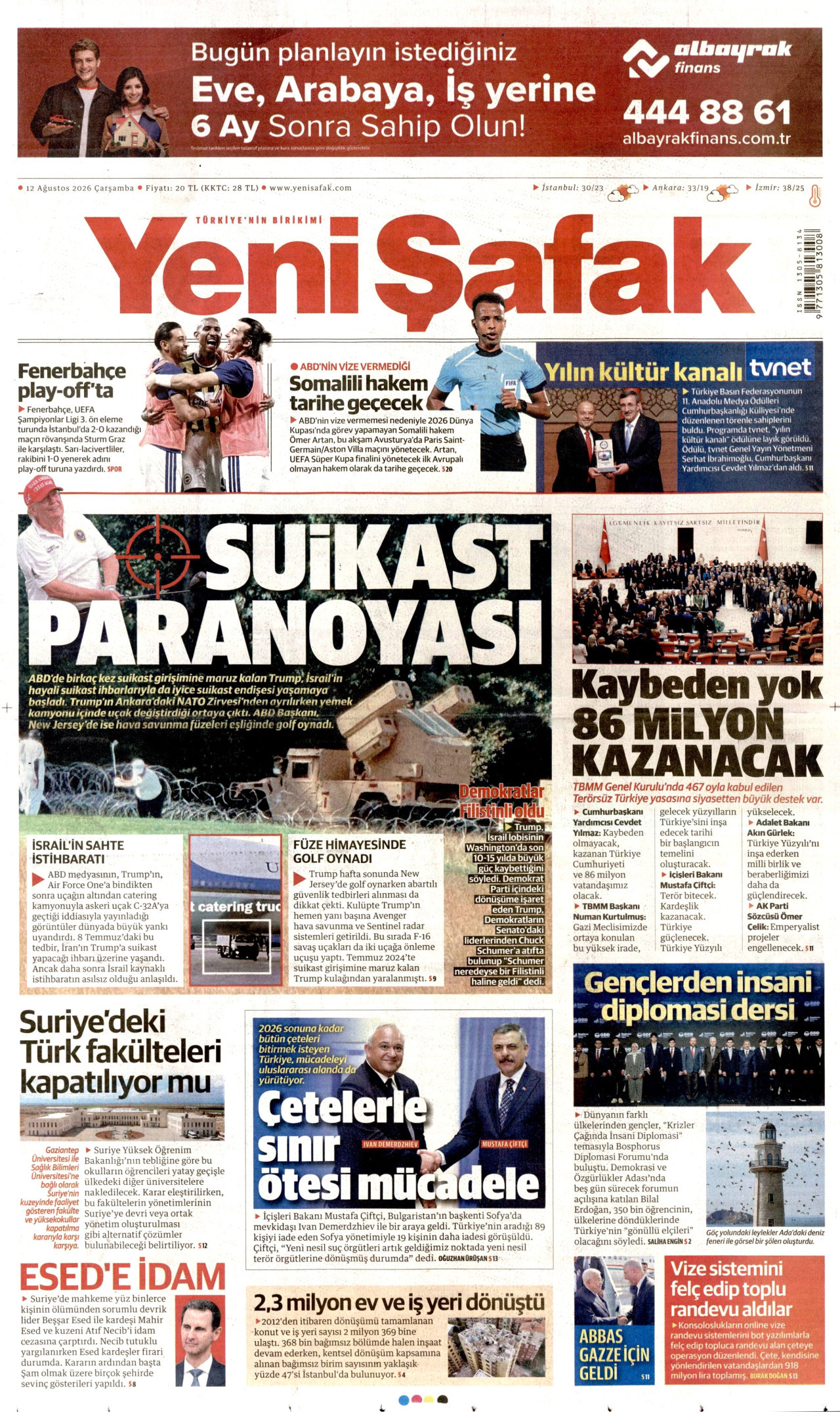 YENİ ŞAFAK gazetesinin 12 Ağustos 2026 tarihli birinci sayfası