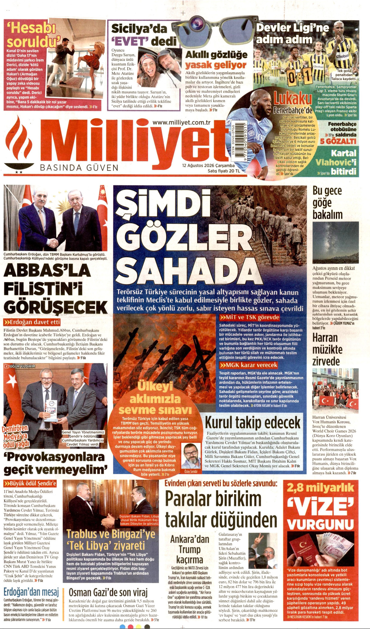 MİLLİYET gazetesinin 12 Ağustos 2026 tarihli birinci sayfası