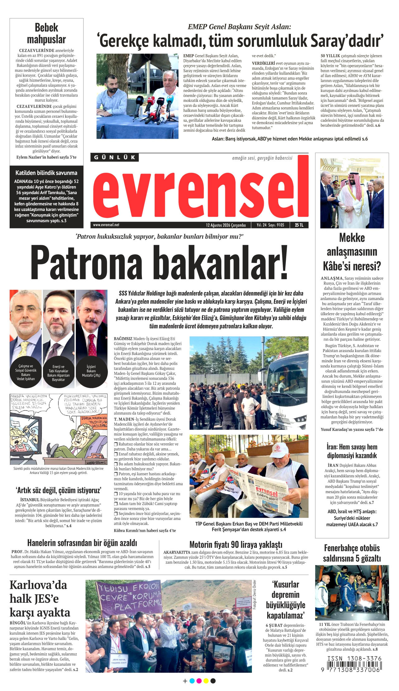 EVRENSEL gazetesinin 12 Ağustos 2026 tarihli birinci sayfası