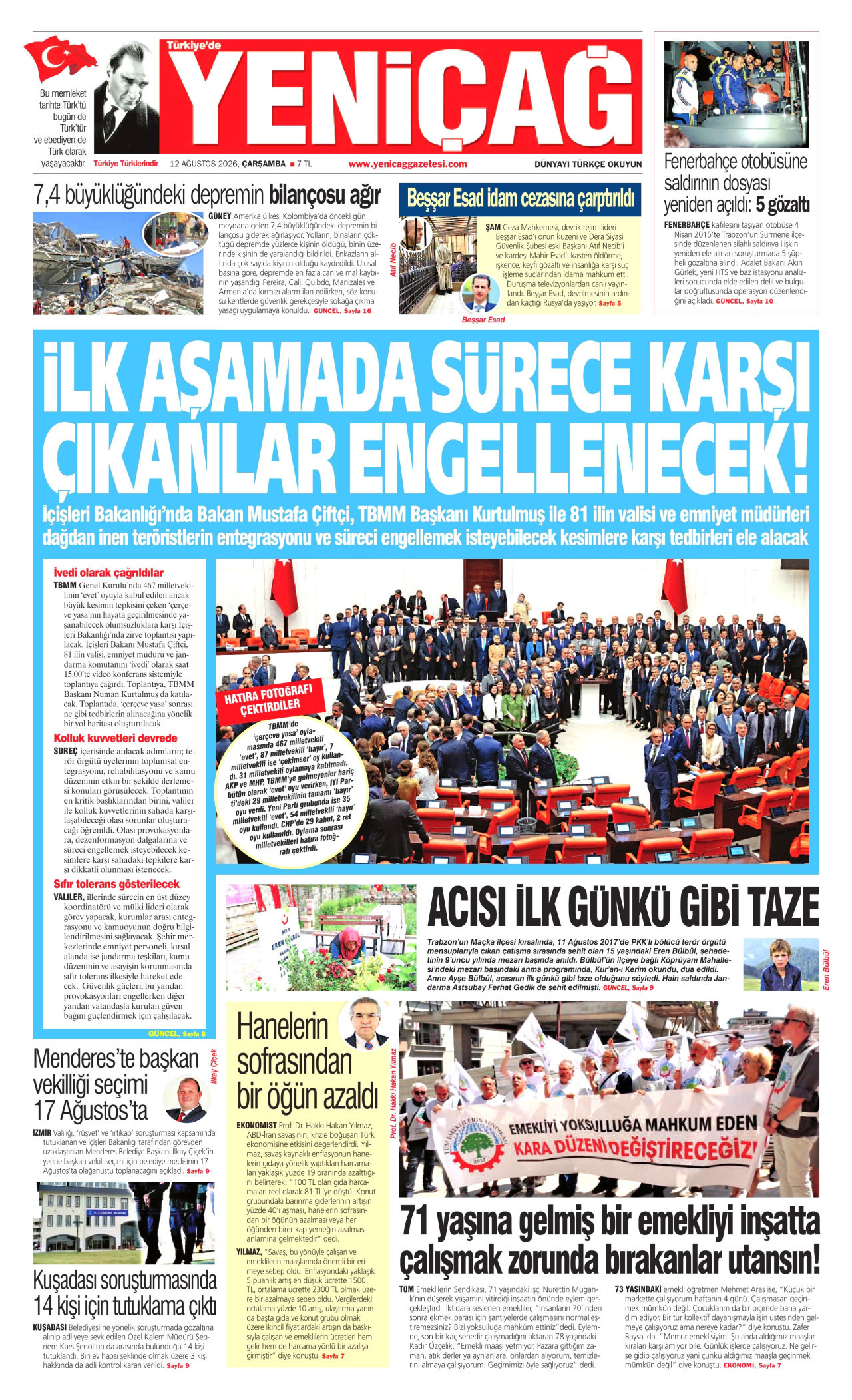 YENİÇAĞ gazetesinin 12 Ağustos 2026 tarihli birinci sayfası