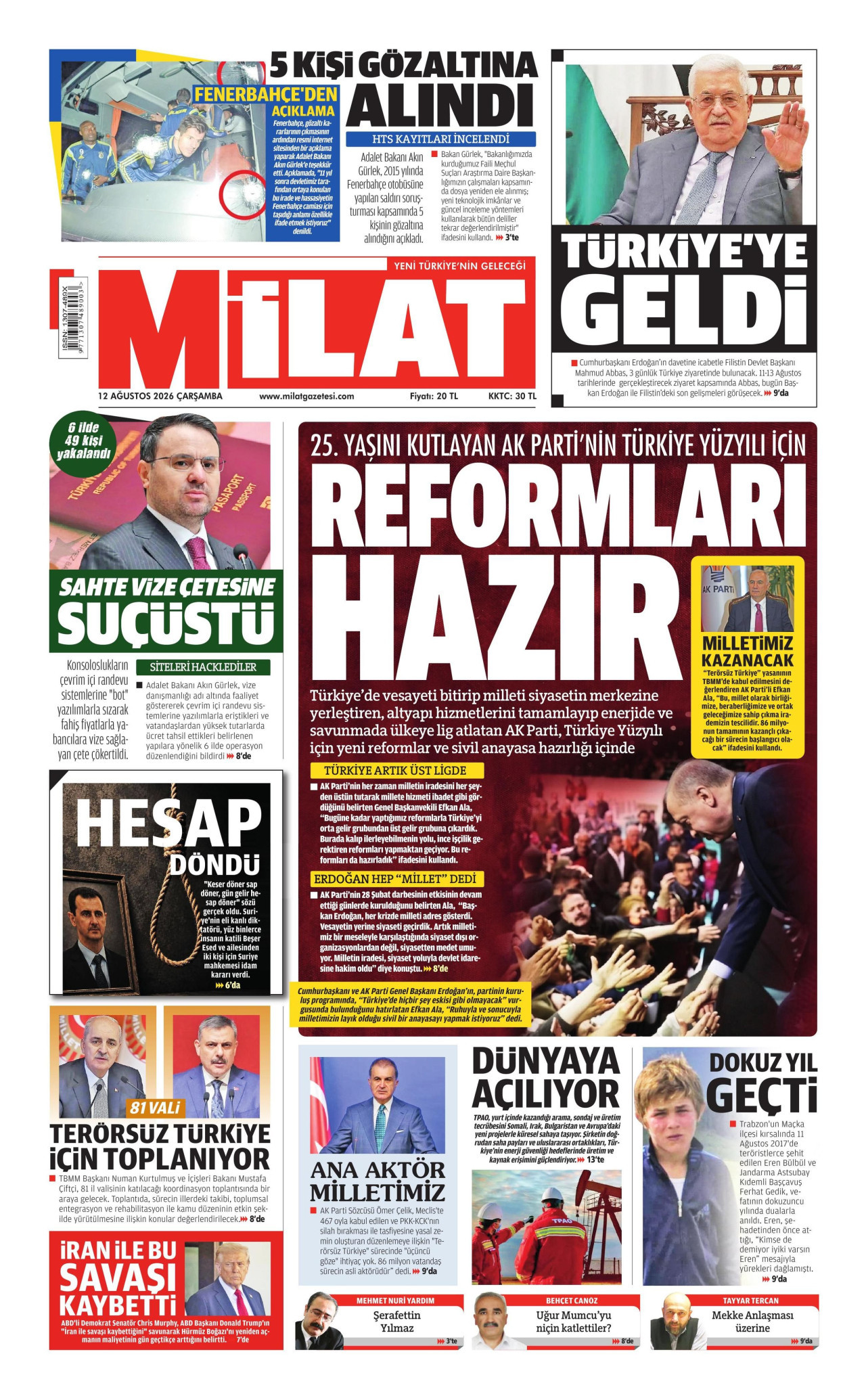MİLAT gazetesinin 12 Ağustos 2026 tarihli birinci sayfası